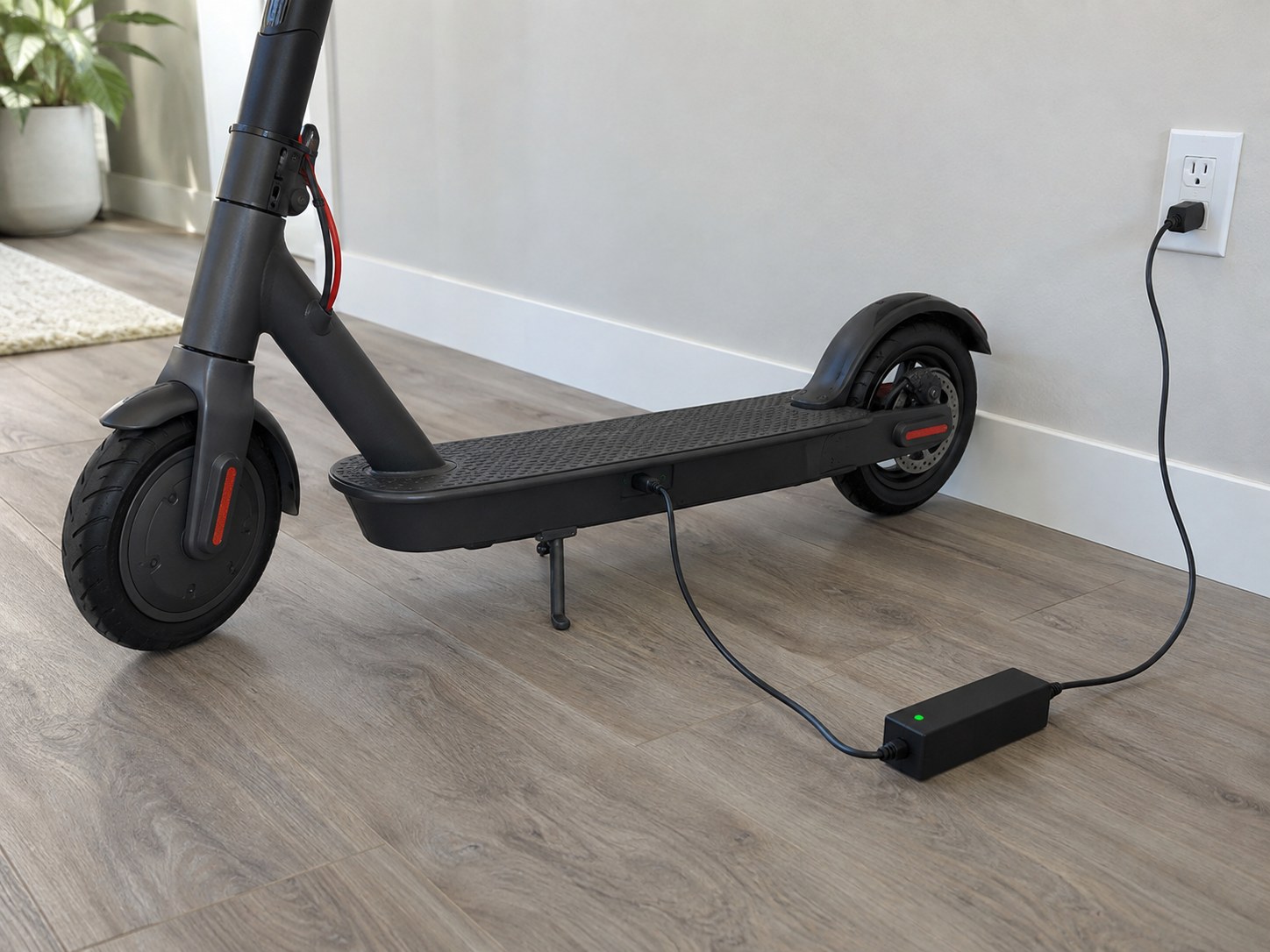Illustrative scooter charger with a green status light