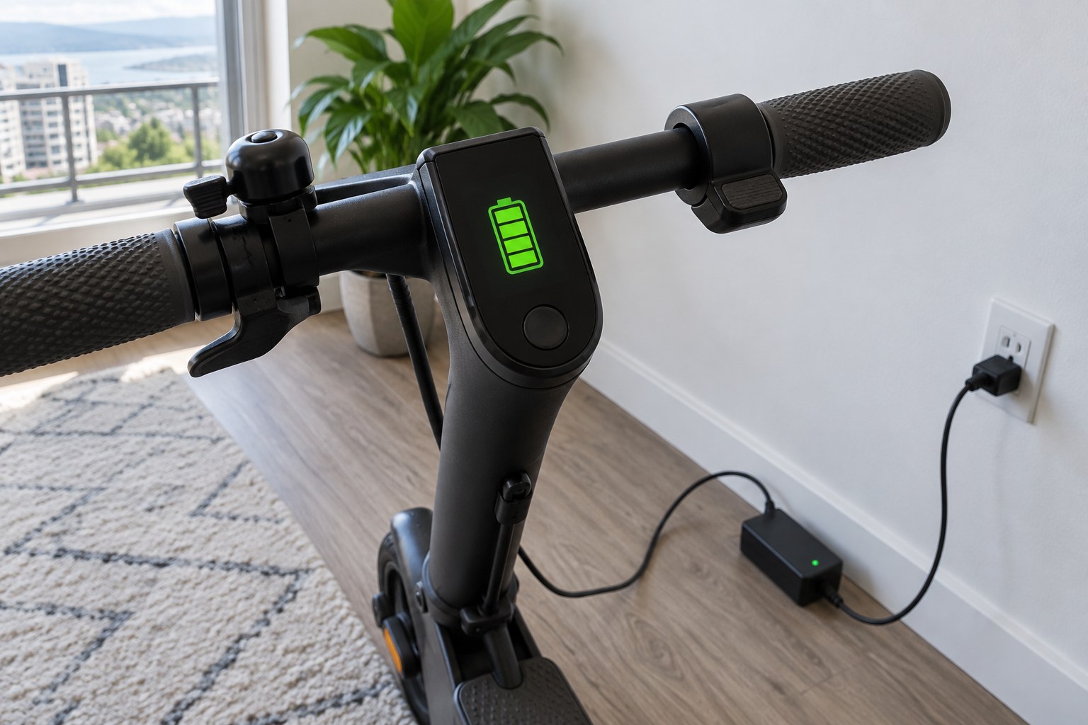 Illustrative scooter display showing a full battery icon