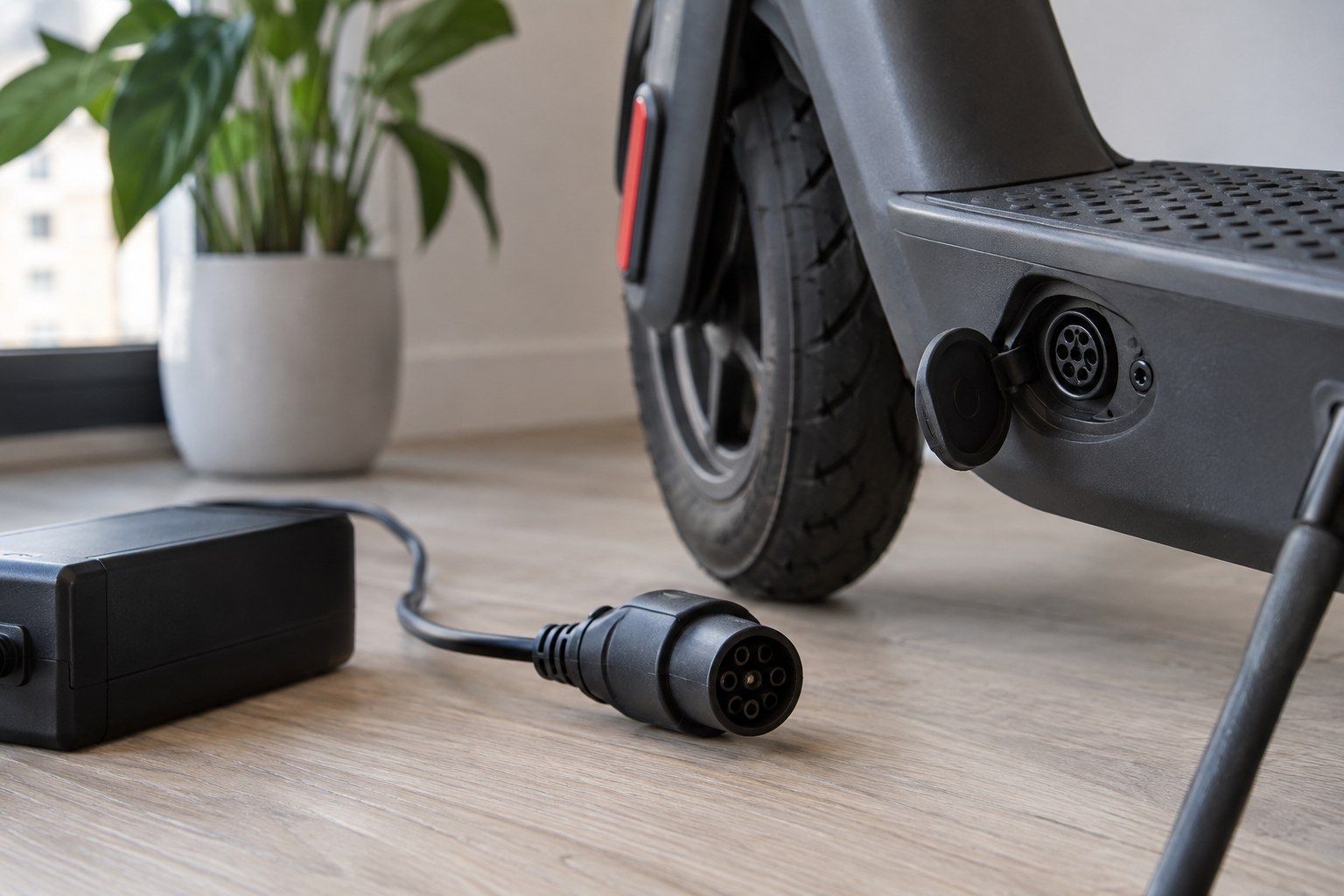 Illustrative close-up of scooter charging connector and port