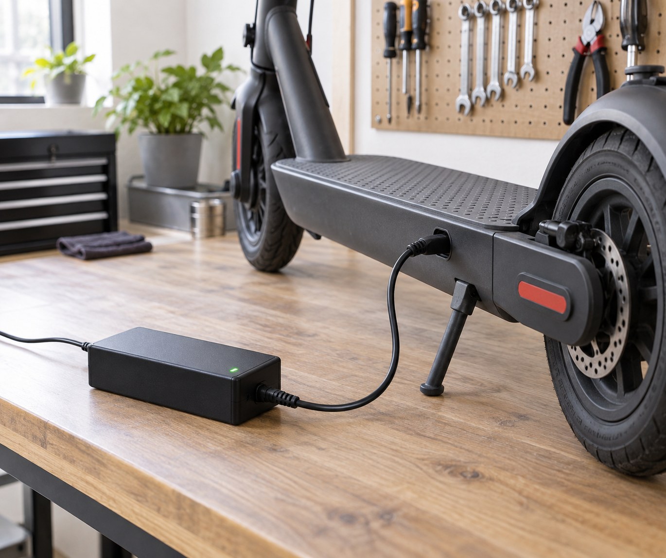 Illustrative electric scooter charger and cable on a workbench