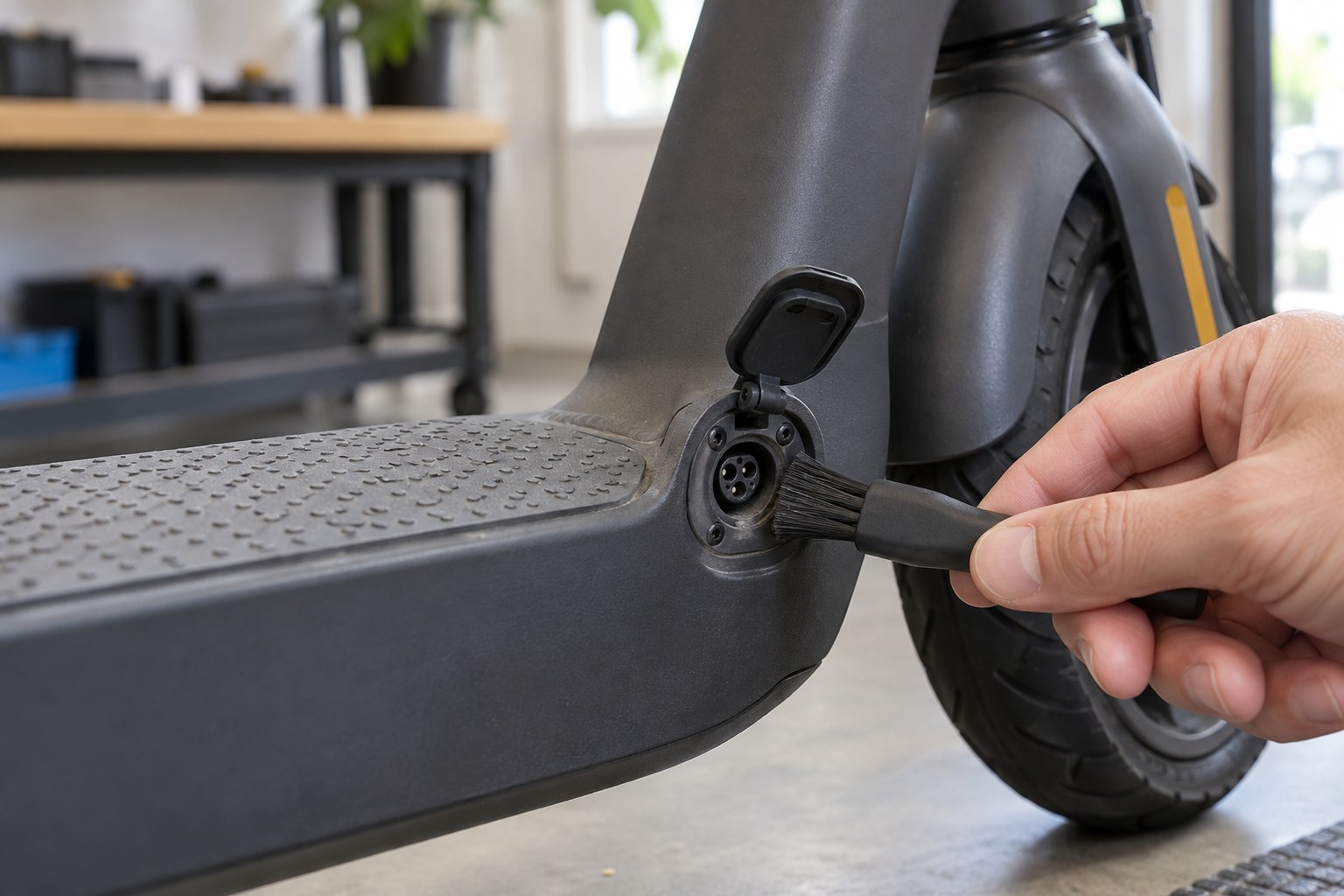 Illustrative dry brush cleaning the exterior of a scooter charging port