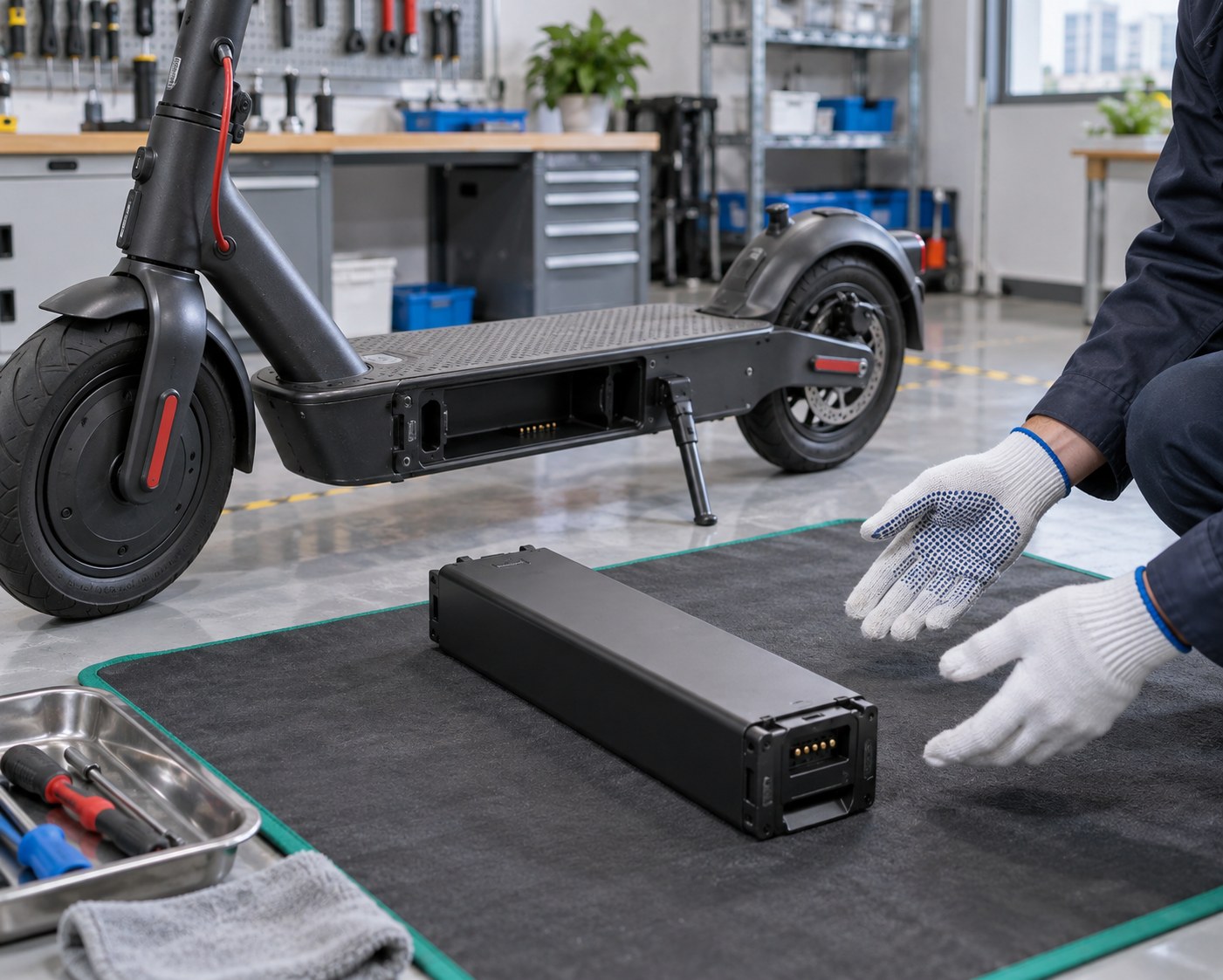 Illustrative sealed removable scooter battery under visual inspection