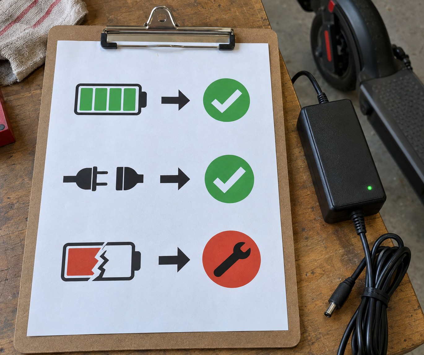 Photographed icon chart for scooter charger diagnosis