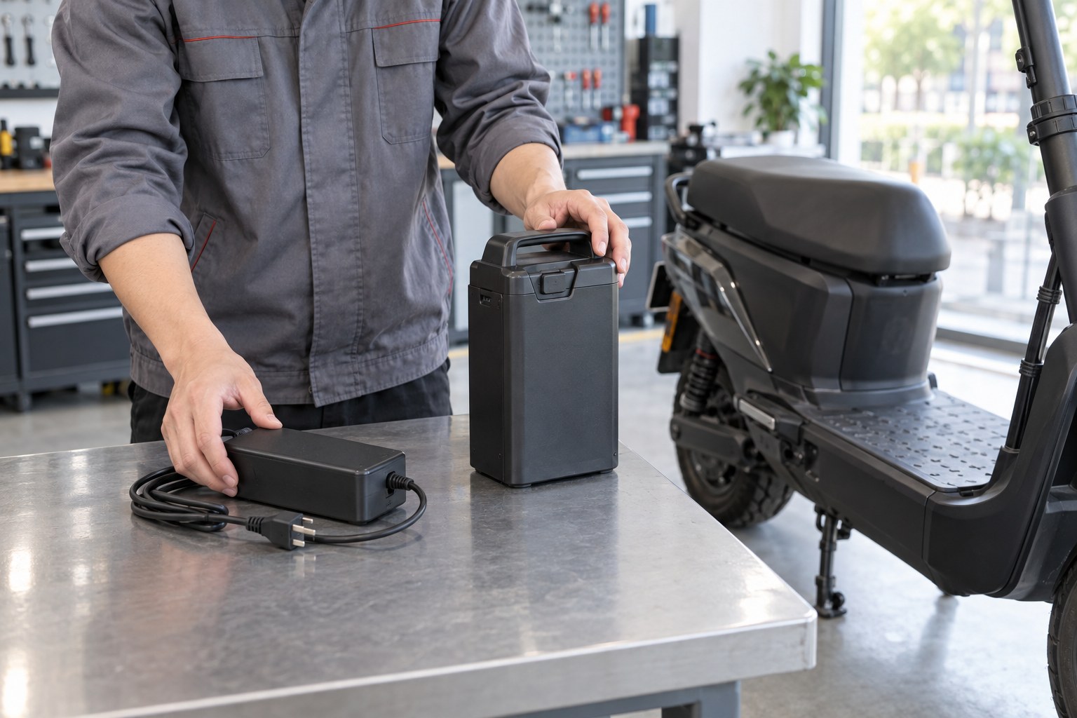 Illustrative technician comparing a scooter charger and sealed battery