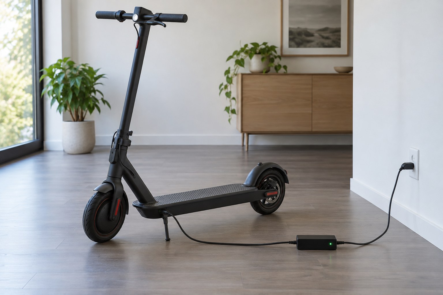 Illustrative scooter charging safely in a clear room