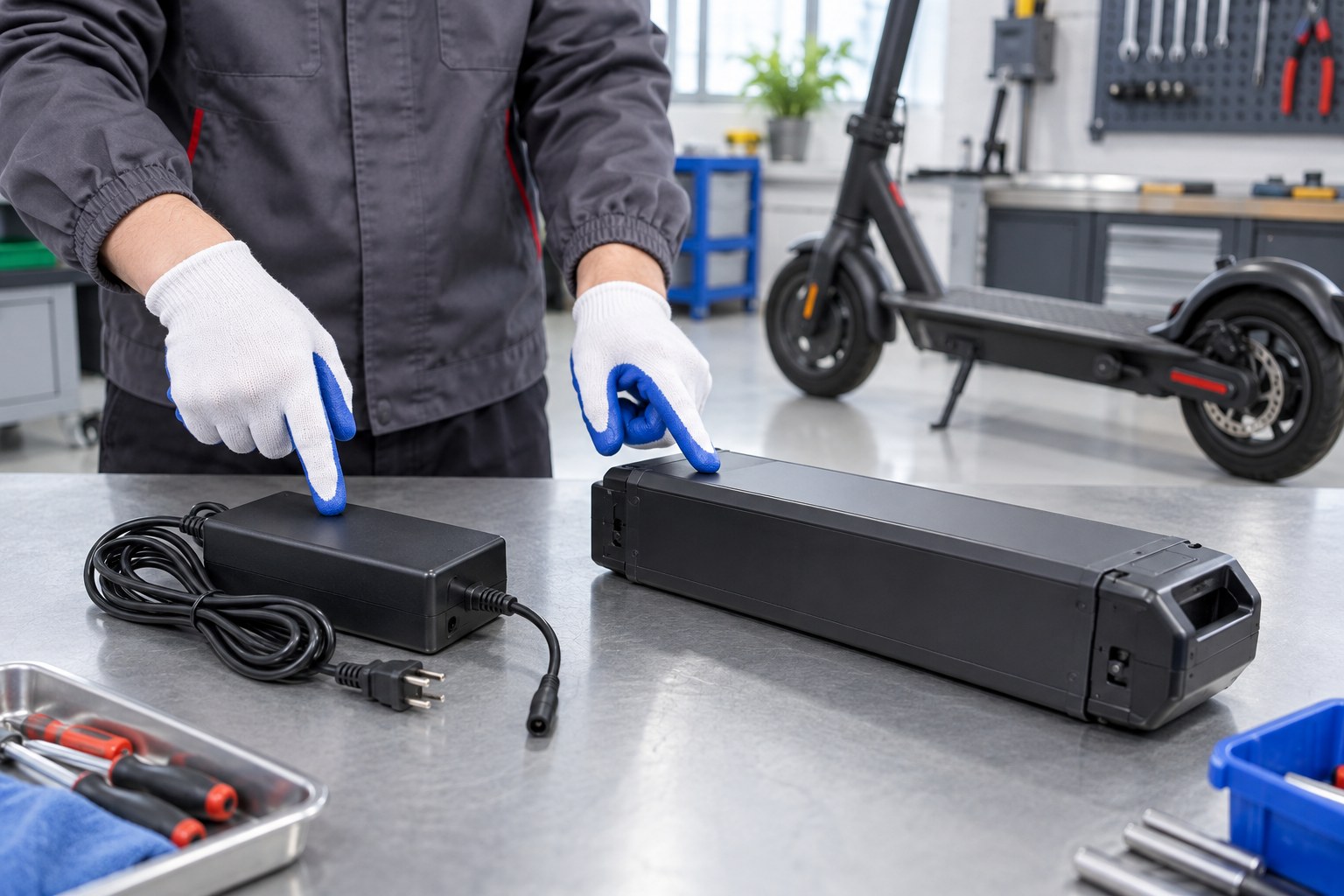 Illustrative approved charger and sealed battery compared on a bench