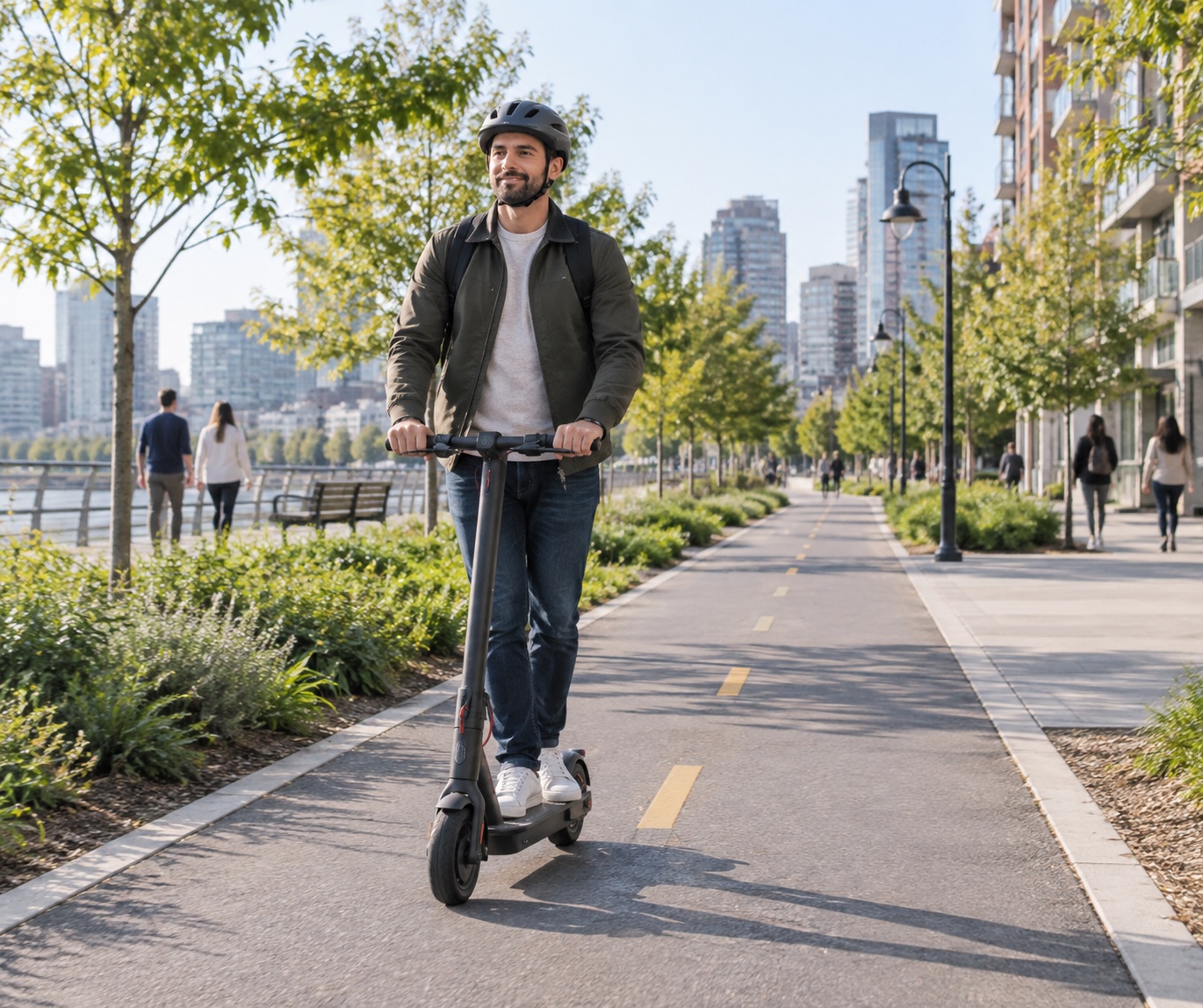 Adult commuter riding a compact electric scooter on a separated city path