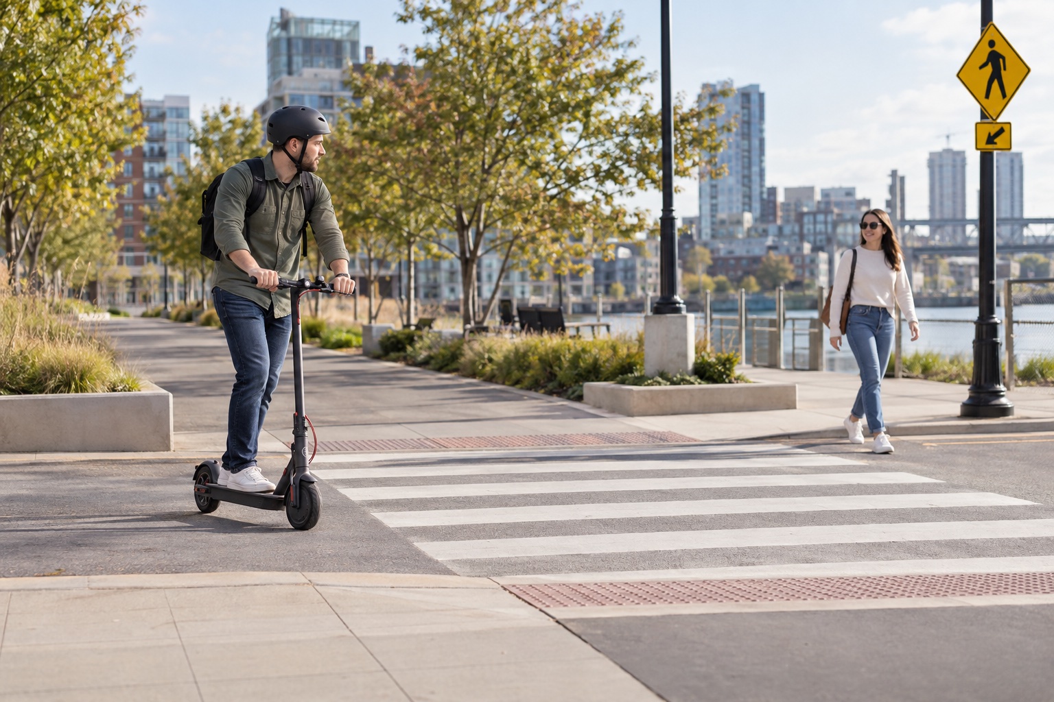 Helmeted adult rider slowing before a pedestrian crossing