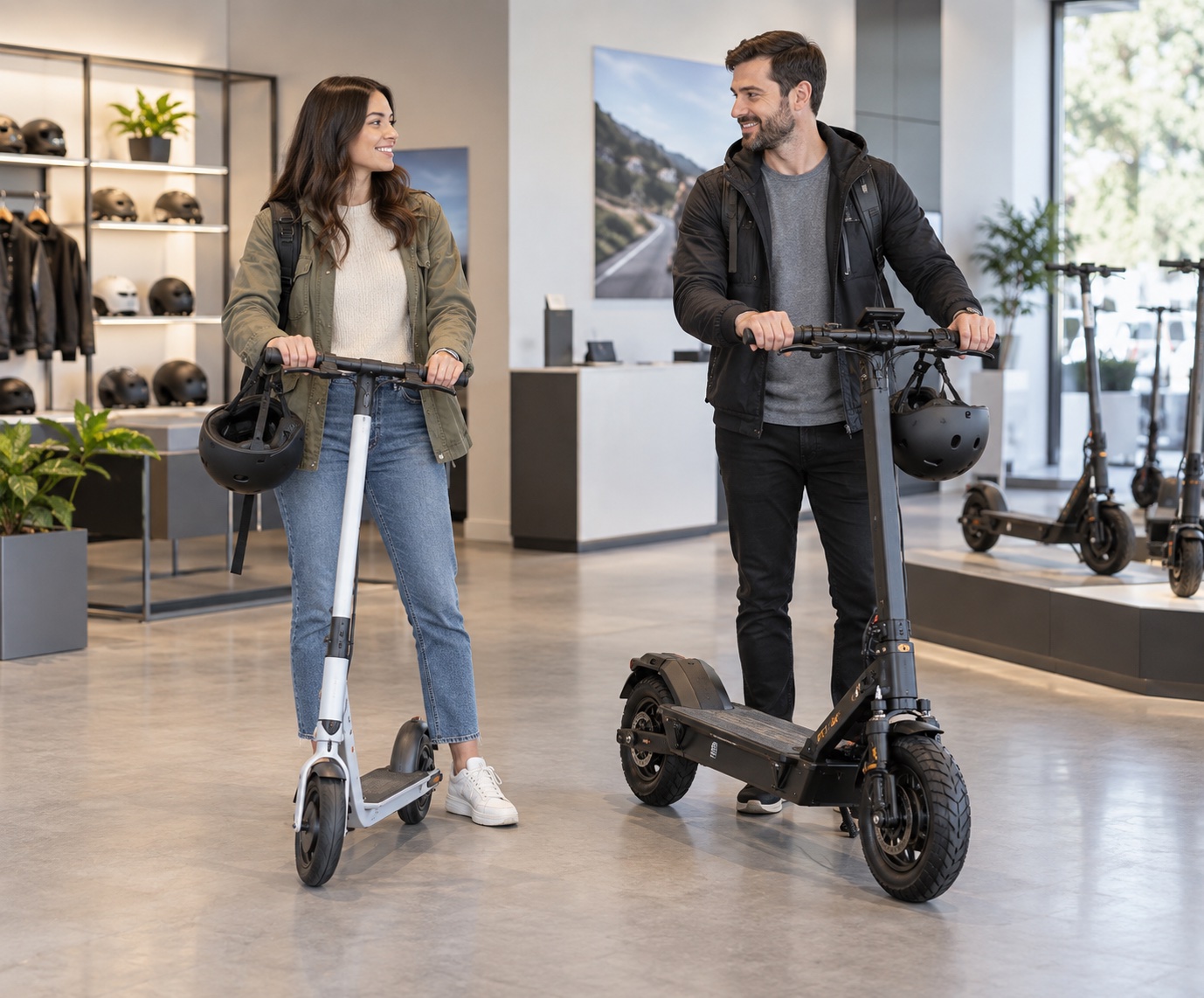 Two adult commuters comparing compact and larger scooters in a store
