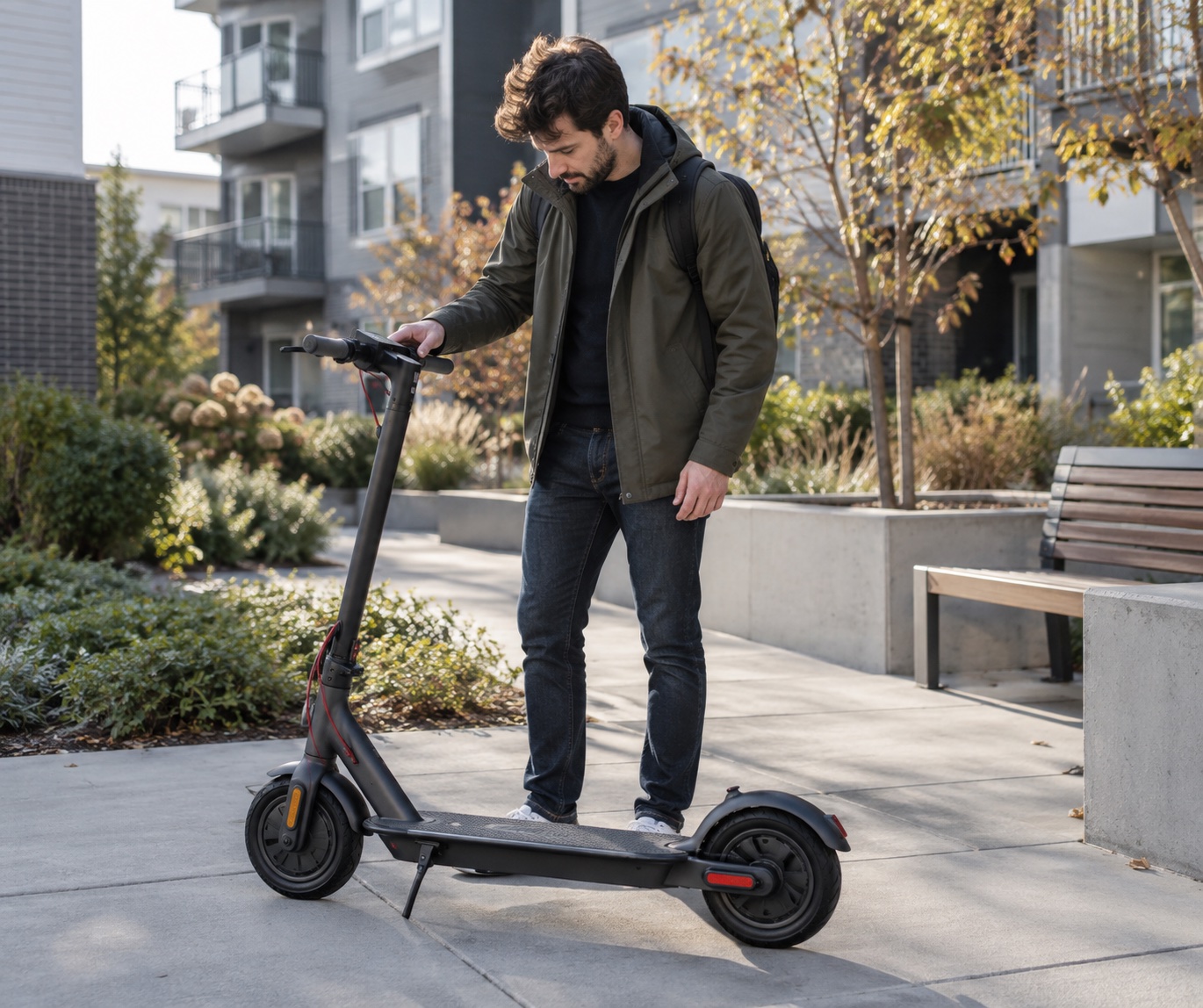 Commuter checking a scooter's tires and display before riding