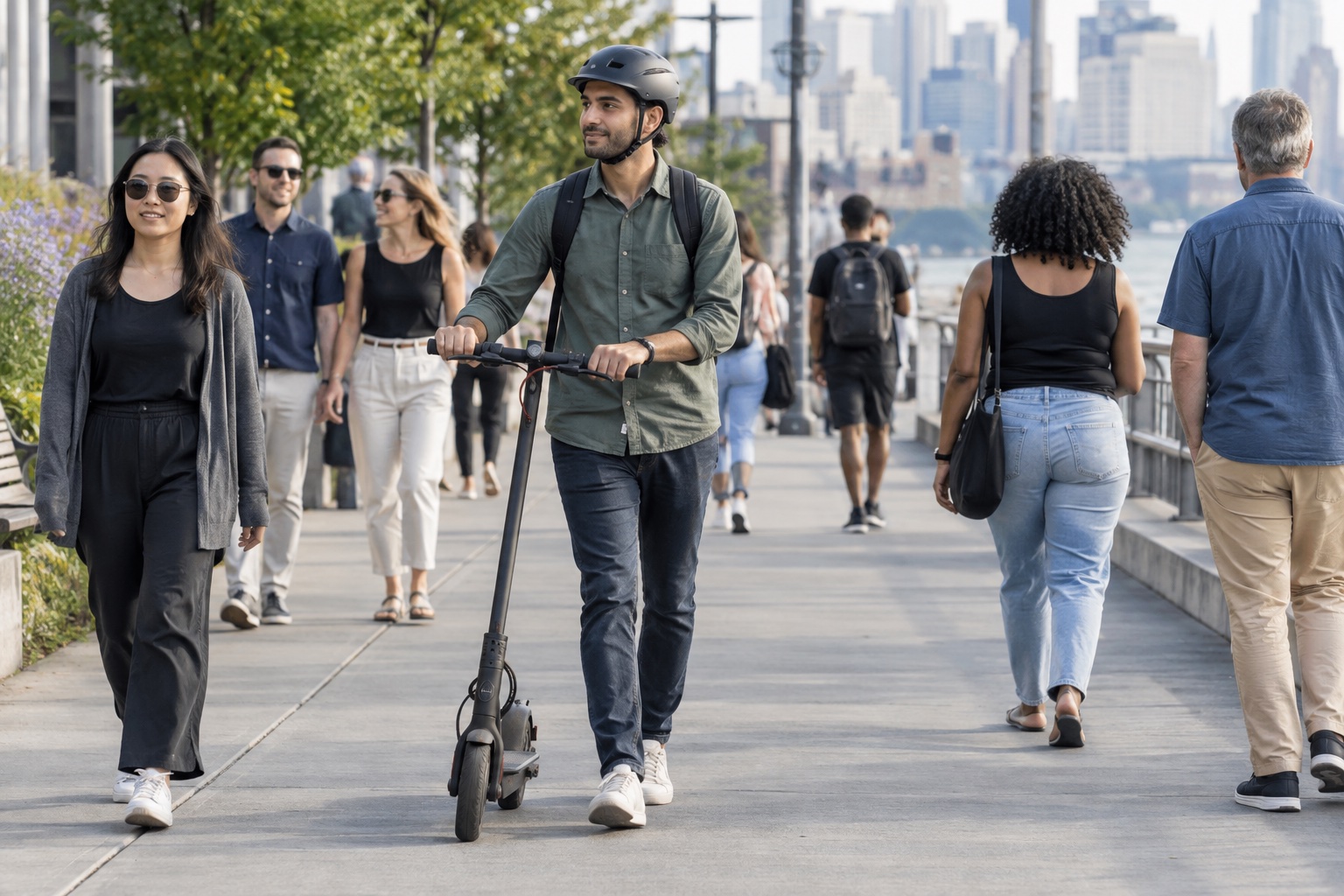 Rider slowing a scooter near pedestrians on a shared urban path