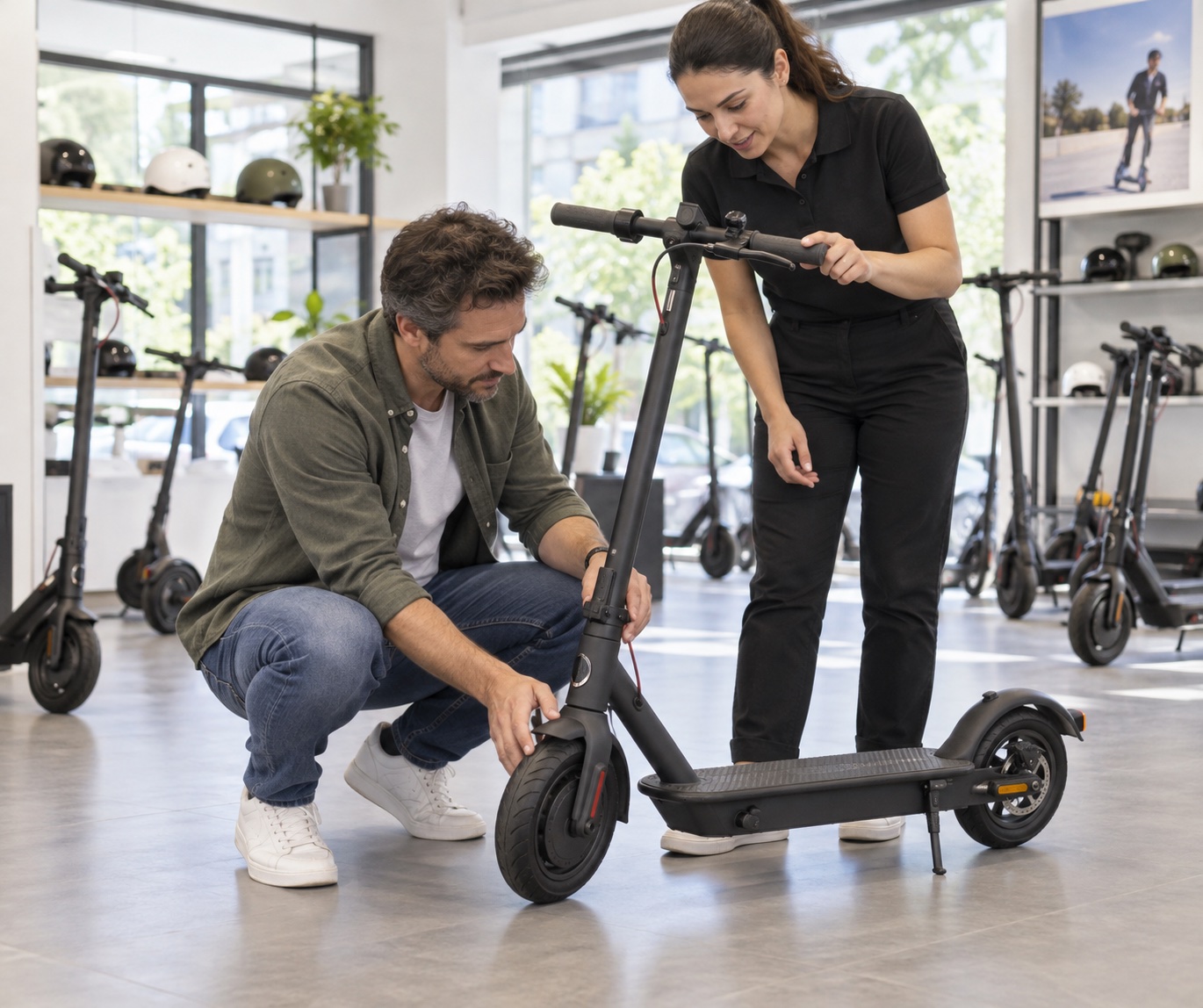 Shopper examining brakes and fold mechanism on a scooter in a store