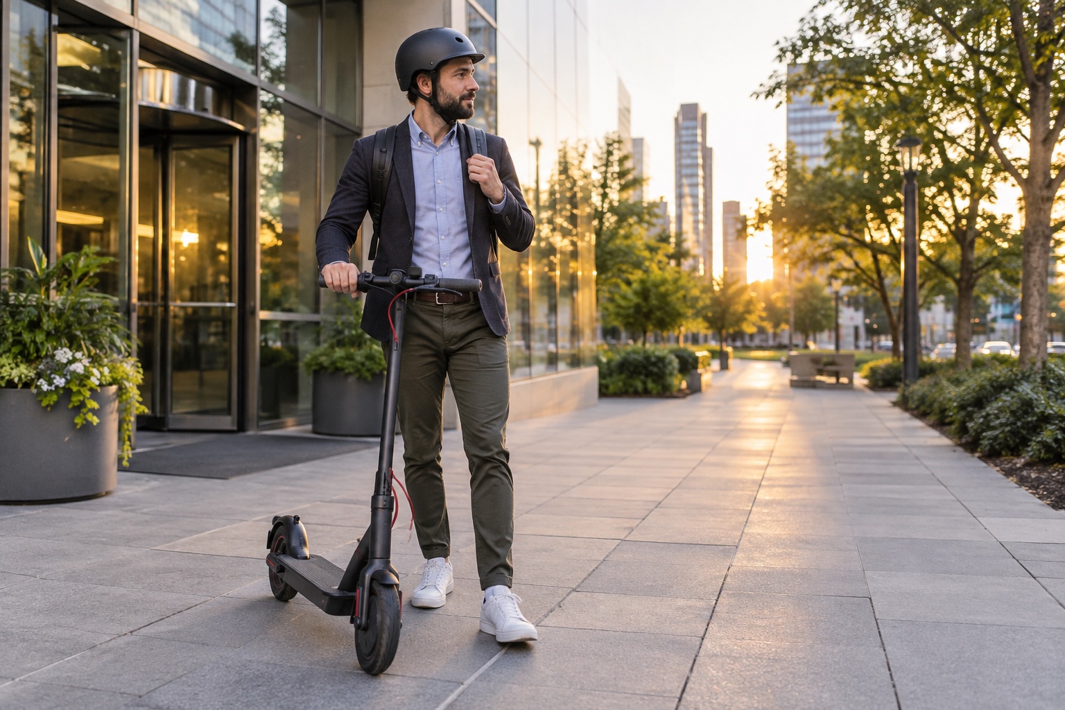 Adult commuter preparing a compact scooter for a city trip