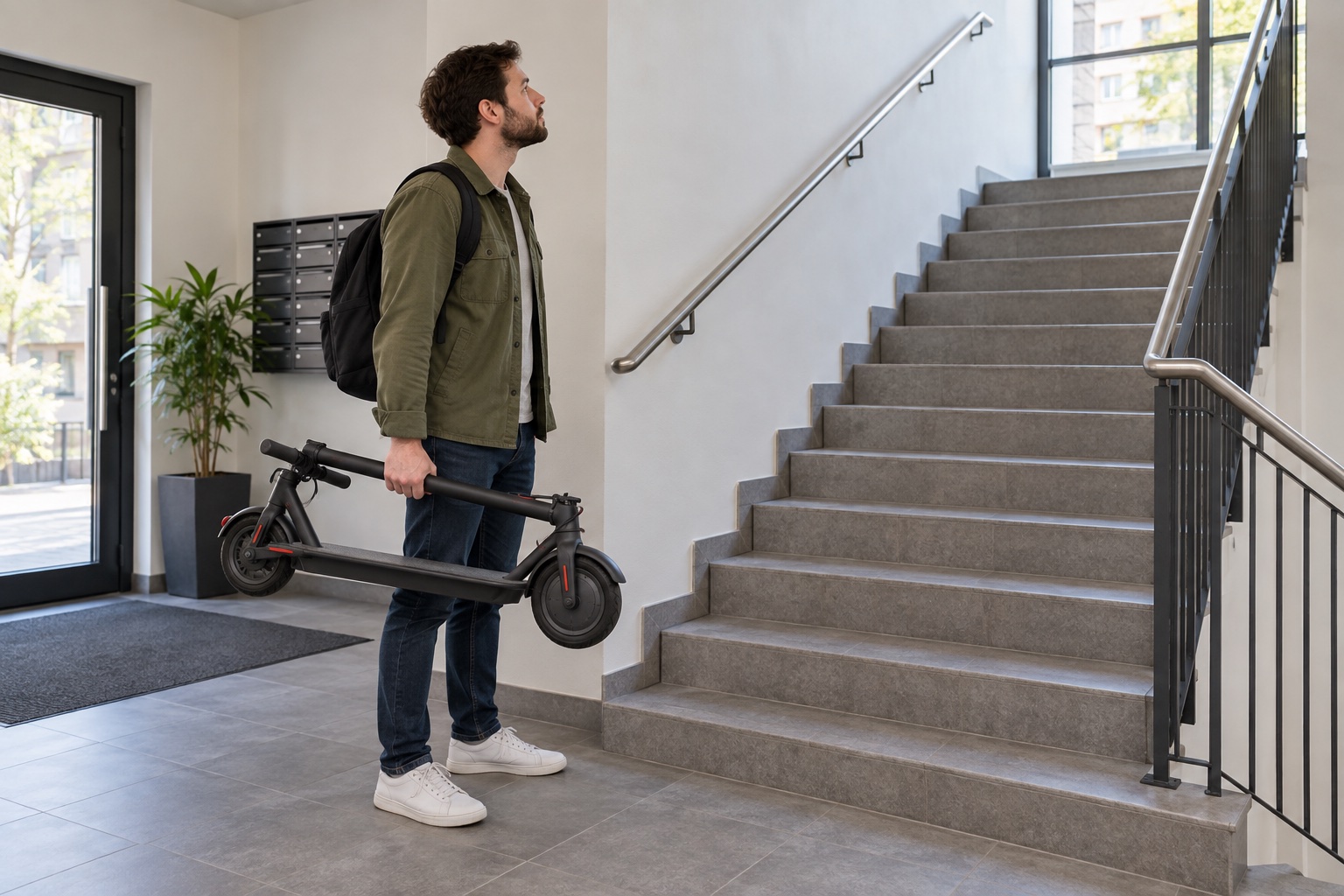 Adult commuter assessing a folded electric scooter at the foot of apartment stairs