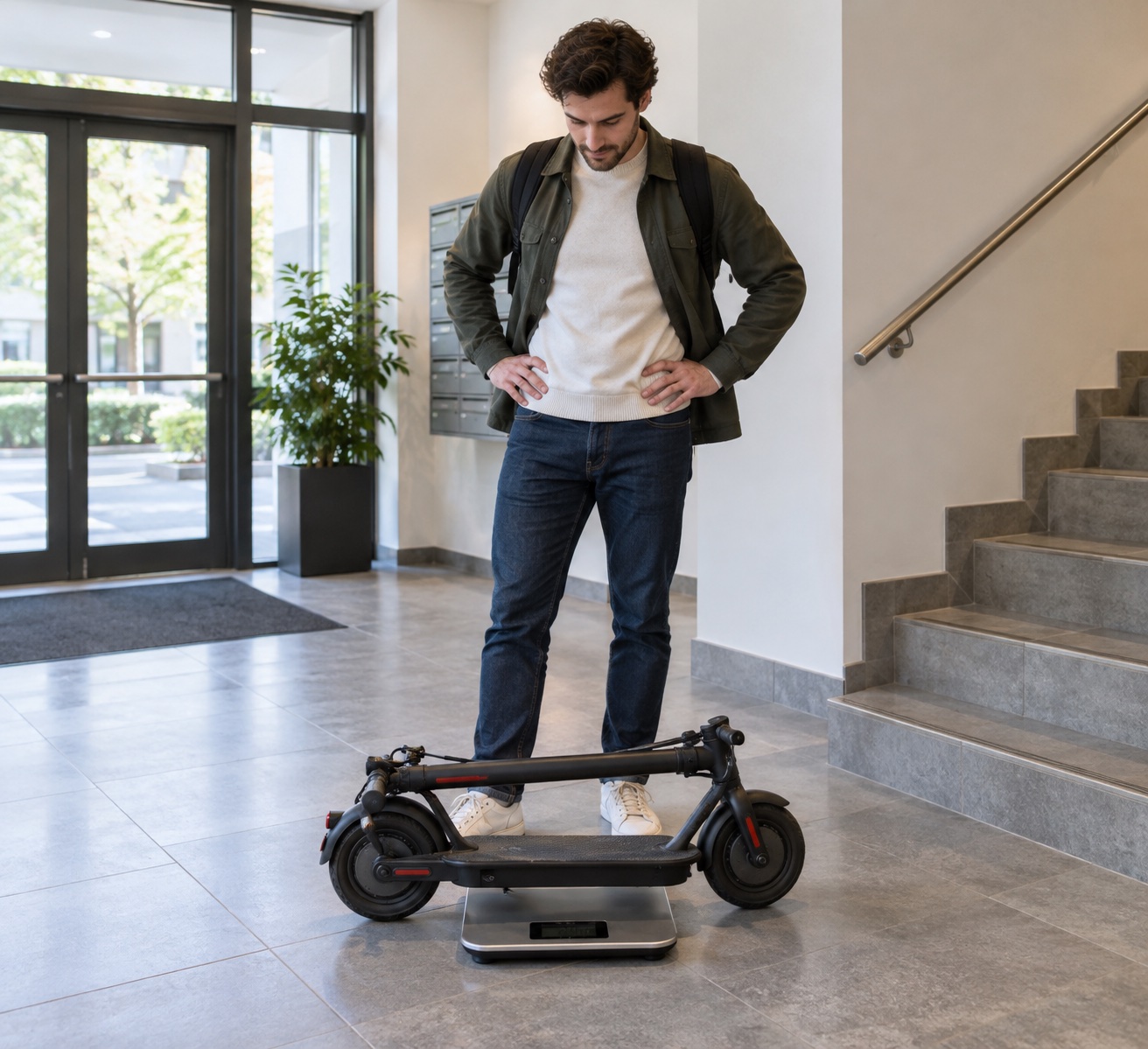 Adult commuter checking a folded scooter beside a floor scale near stairs