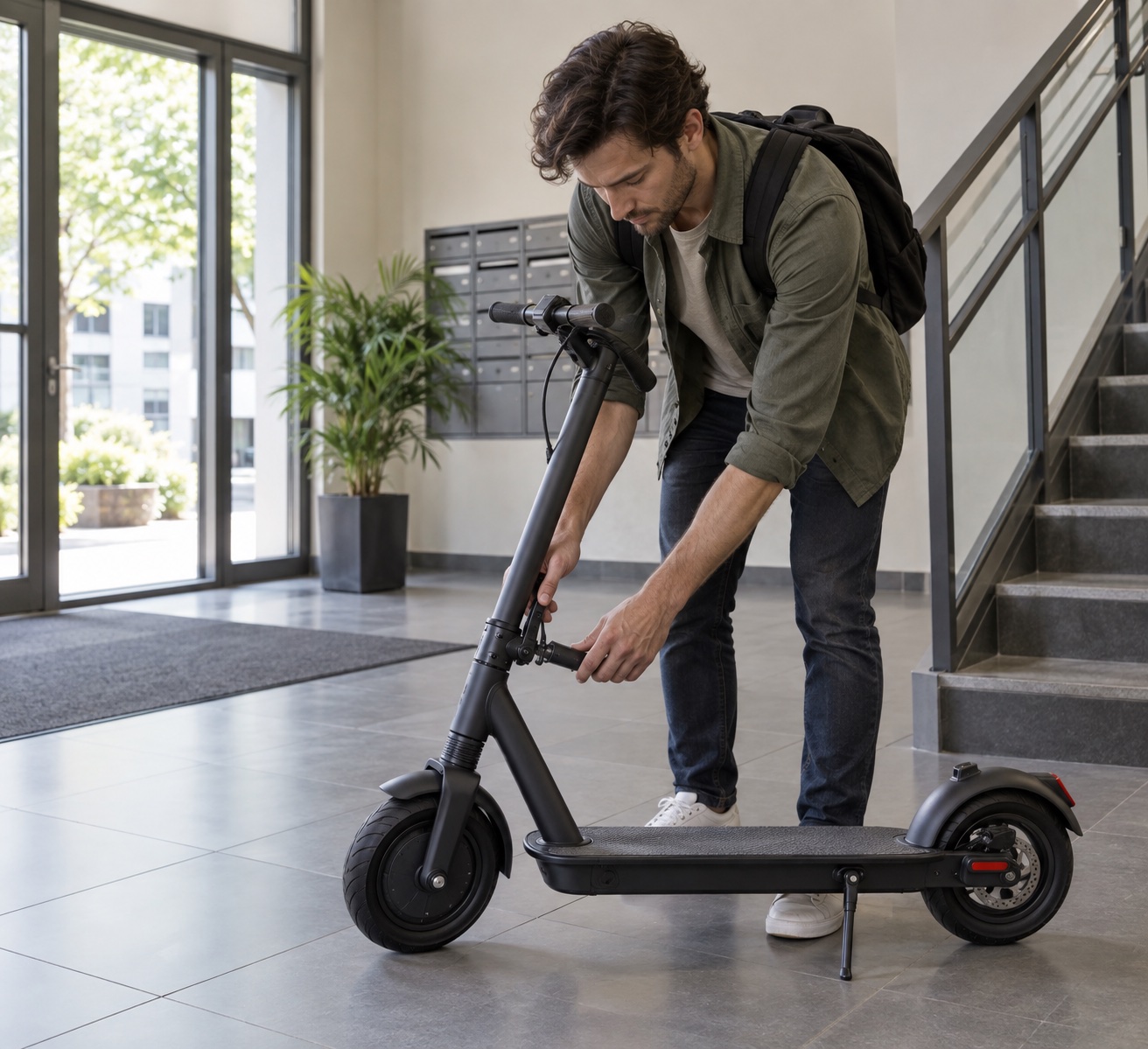 Adult commuter securing the folding latch of a two-wheeled electric scooter