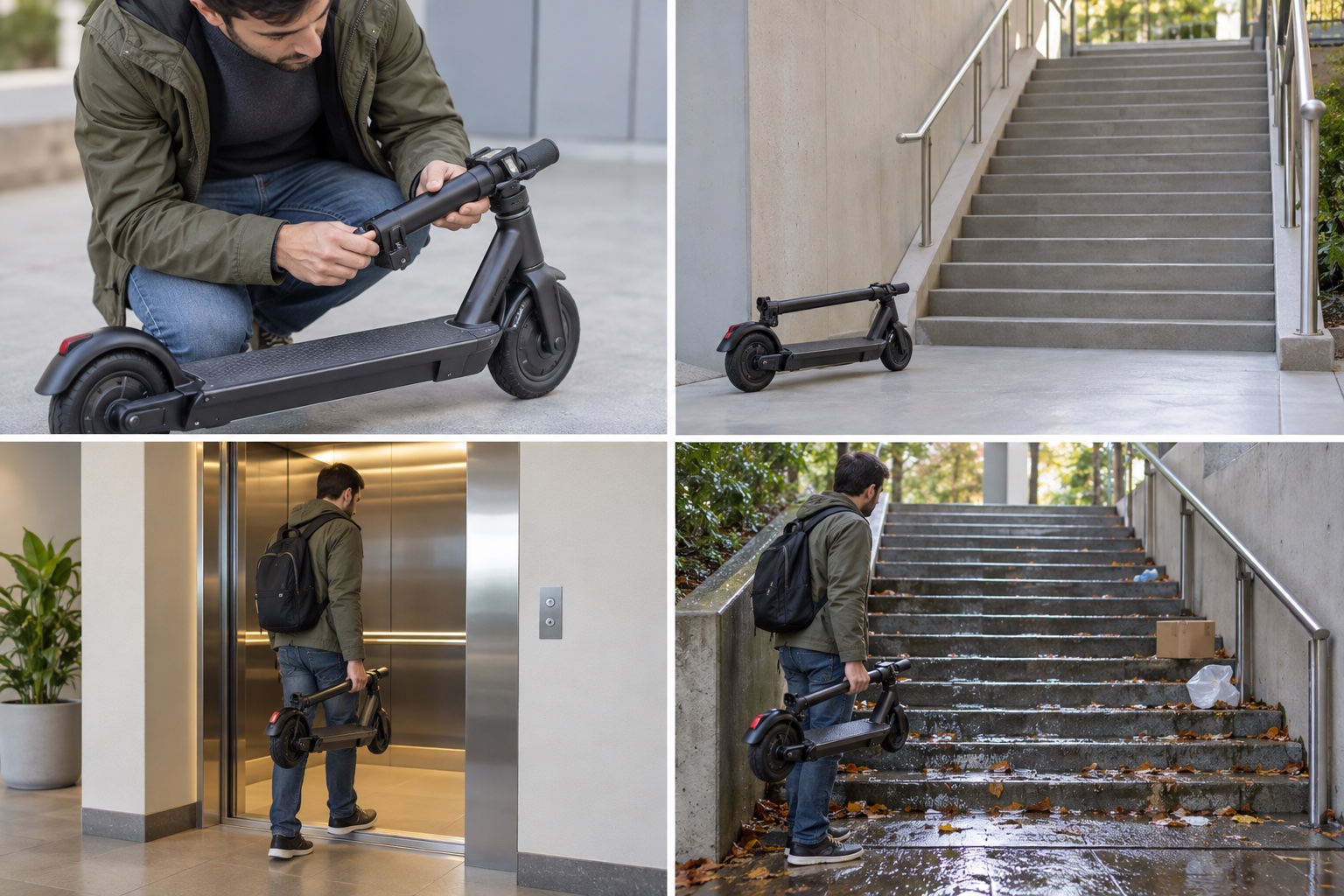 Four-panel photo safety chart comparing scooter checks, clear steps, elevator, and wet stairs