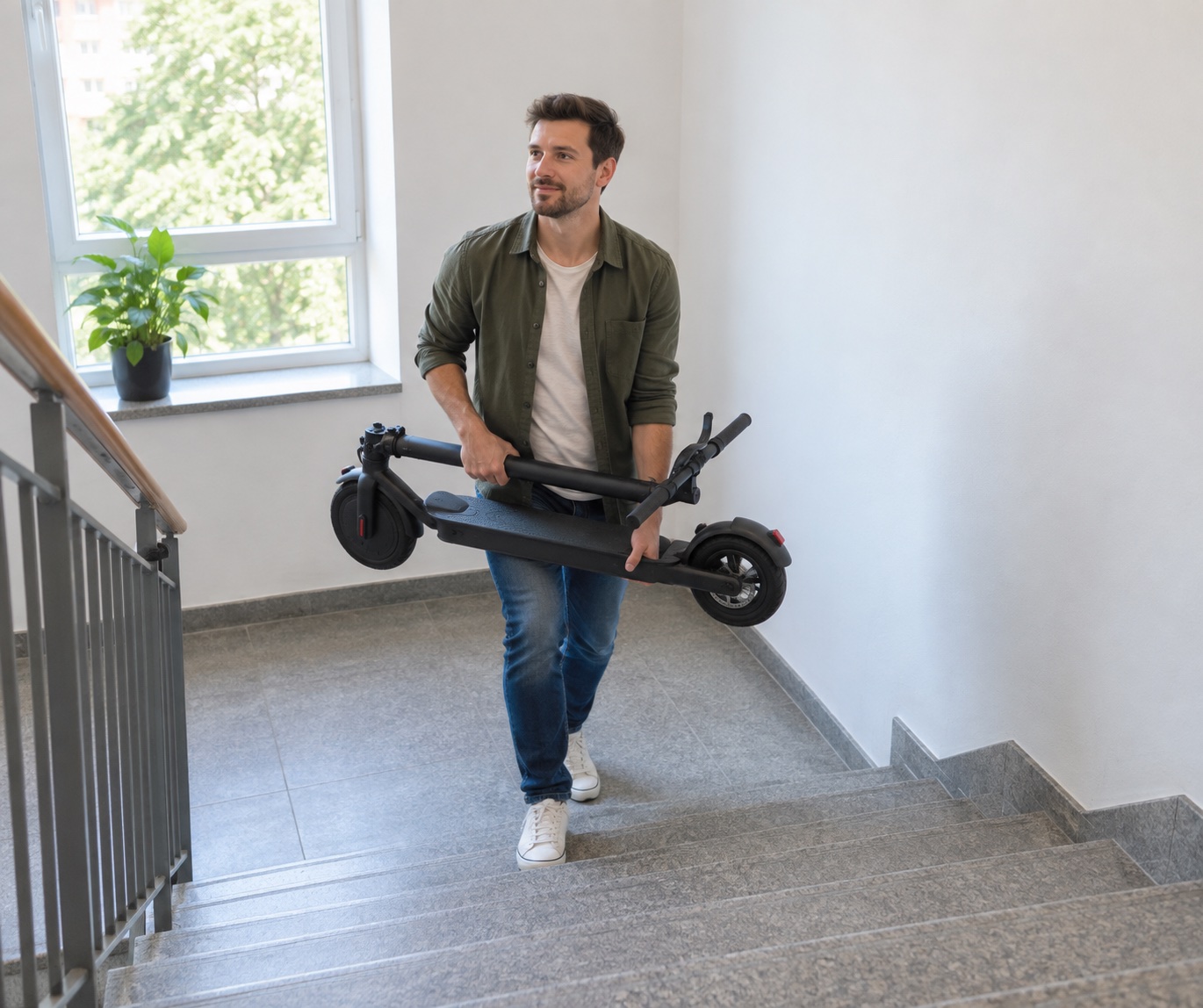 Adult carrying a folded scooter clear of a stairwell wall