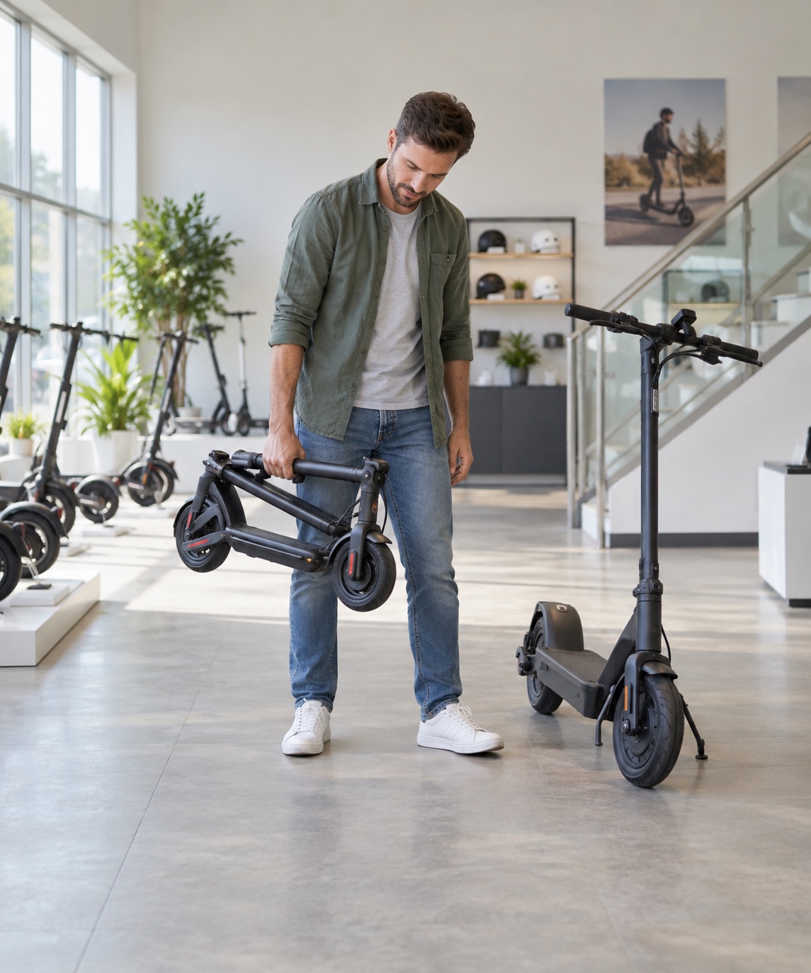 Adult comparing compact and bulky scooters in a showroom