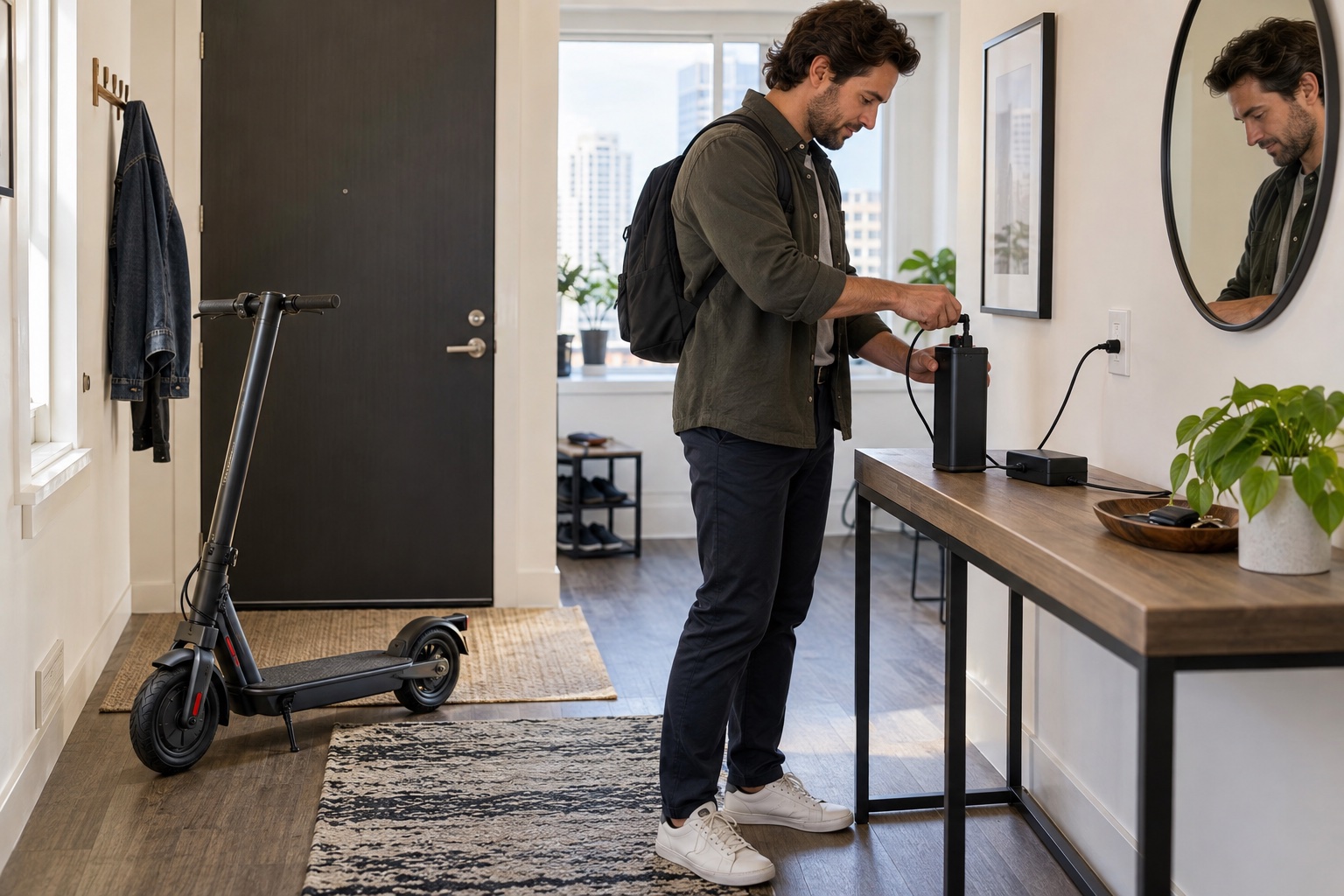 Adult commuter charging a removable scooter battery on a hard surface indoors