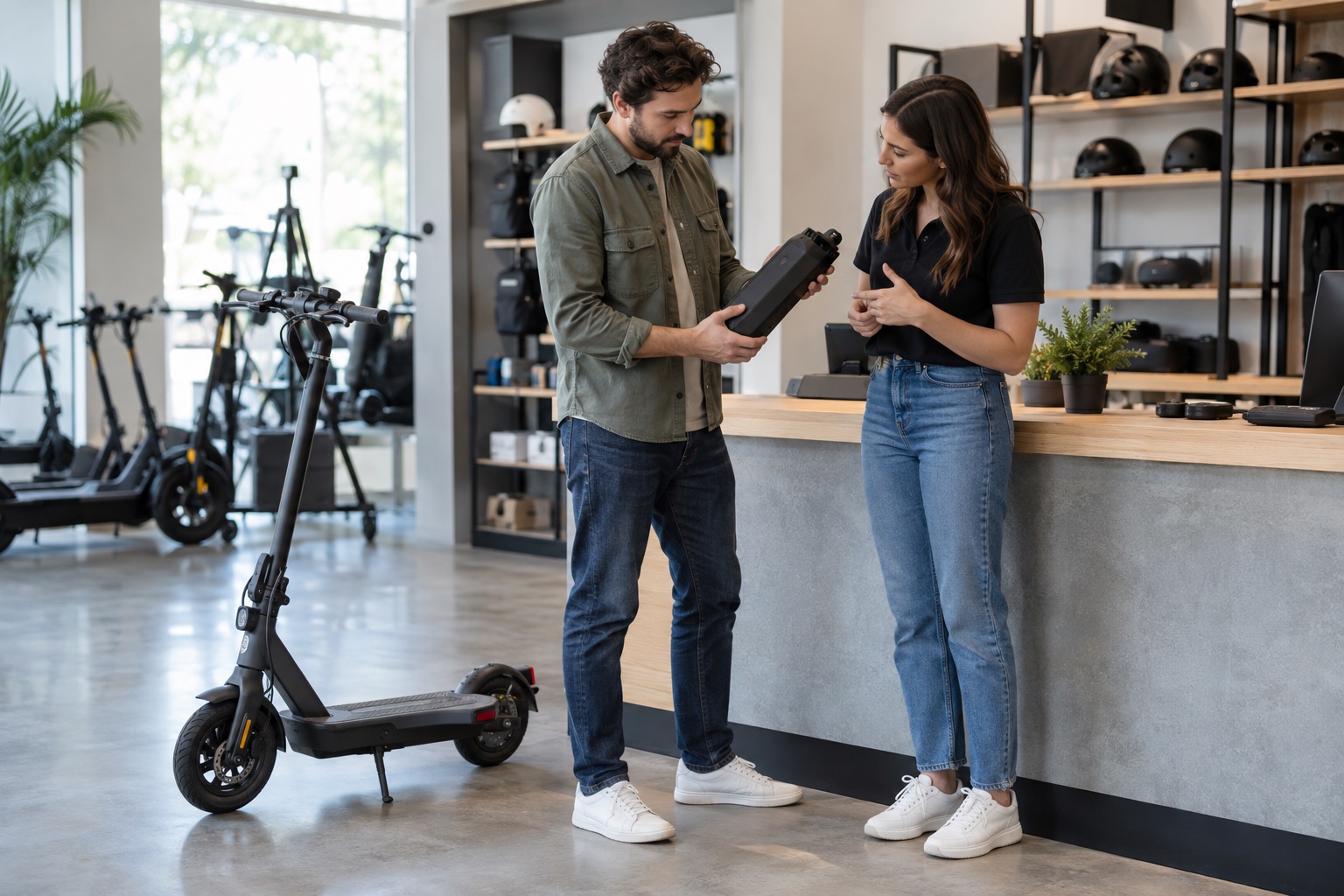 Customer and staff compare a power pack beside a compact scooter