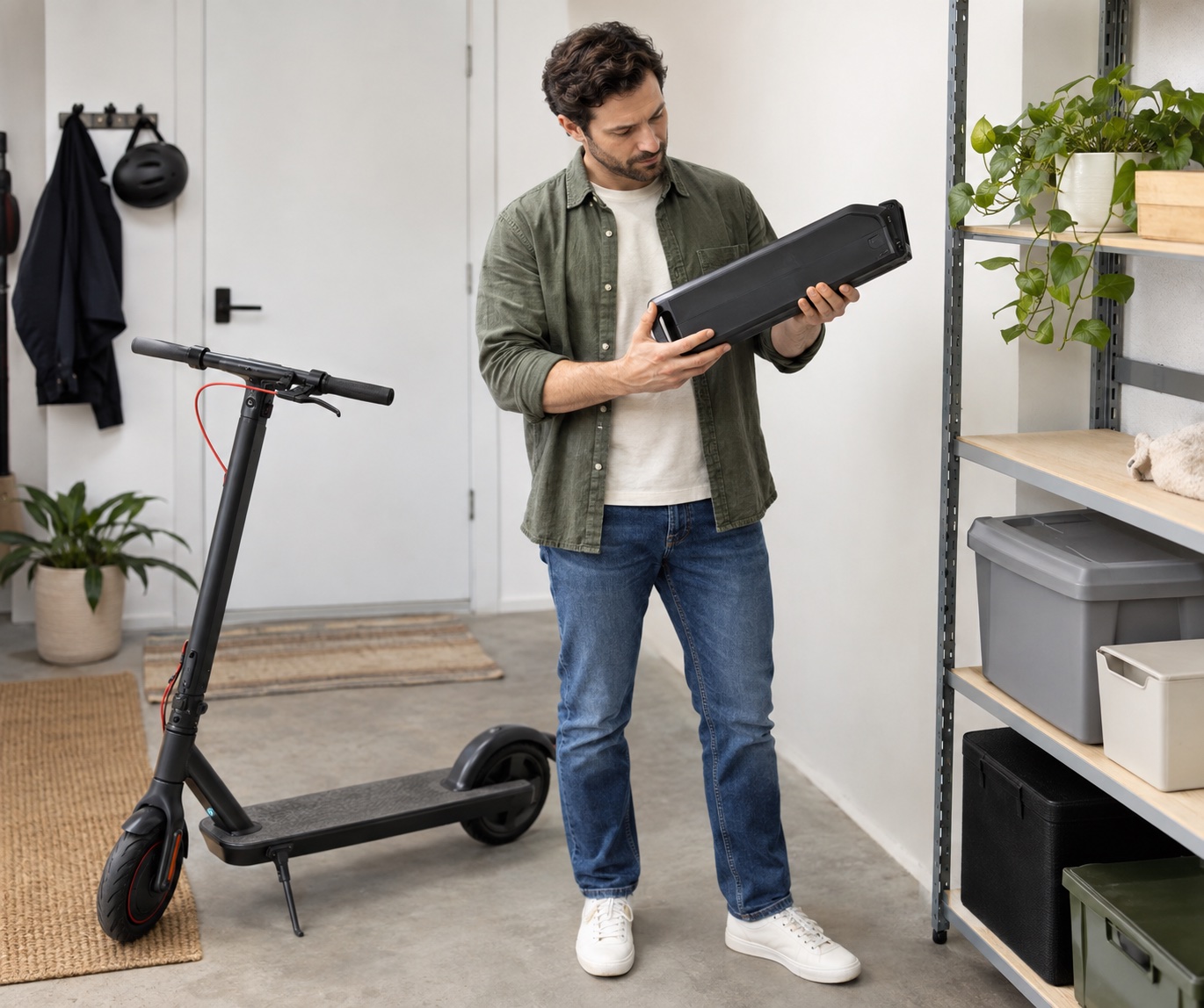Scooter owner inspecting an intact removable battery indoors