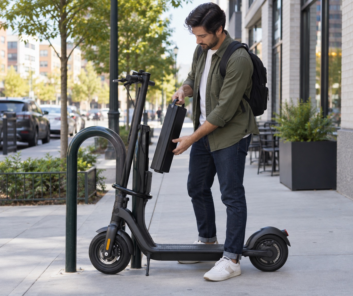 Rider carrying a removable scooter battery near an urban bike rack