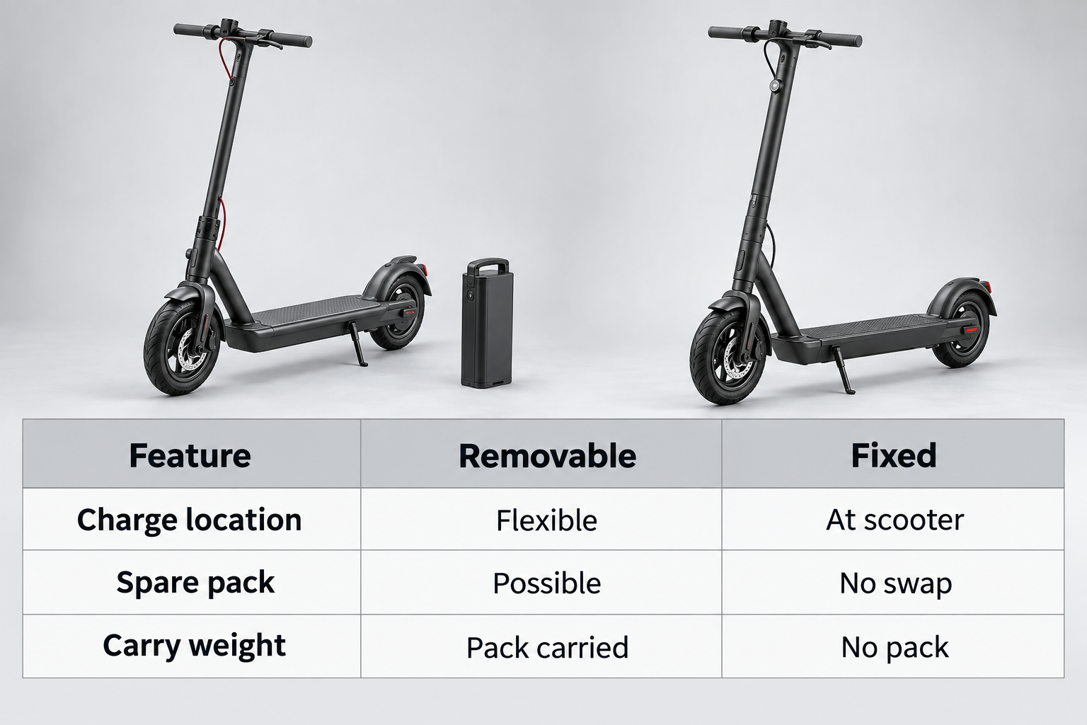 Photorealistic comparison chart of removable and fixed scooter batteries