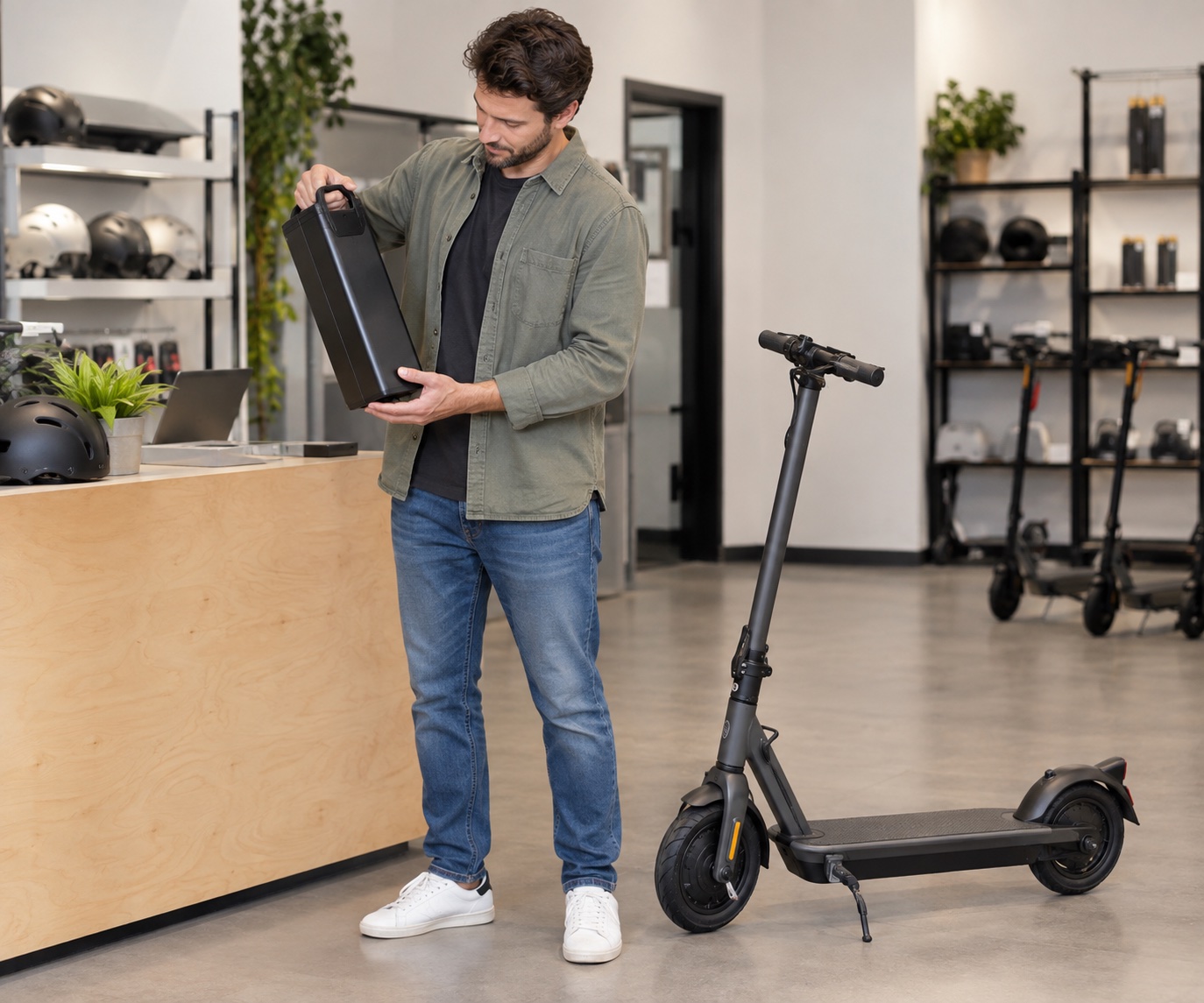 Shopper checks the carry handle of a power pack beside a scooter