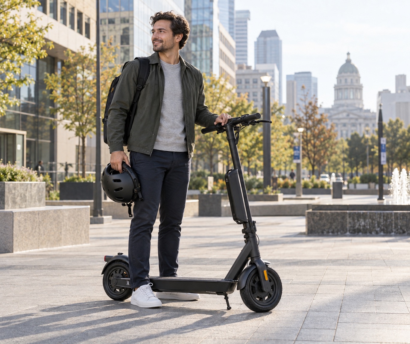 Adult commuter securing a removable scooter battery before a city trip