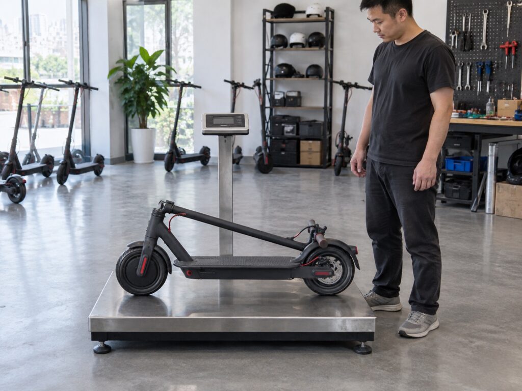 Folded electric scooter on a workshop scale