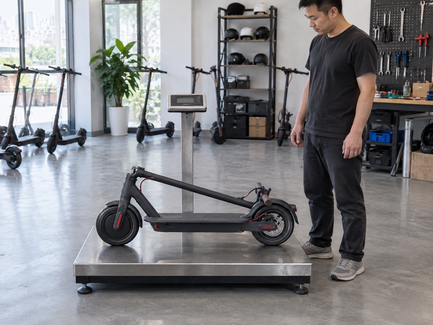 Folded electric scooter on a workshop scale