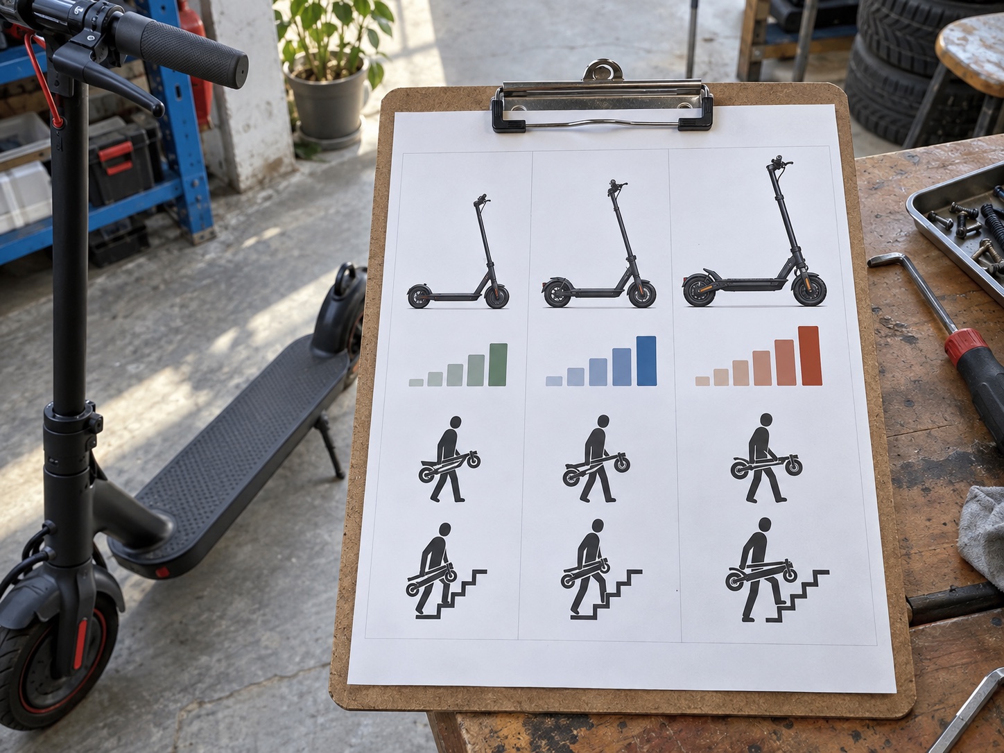 Icon chart of electric scooter weight categories and carrying effort