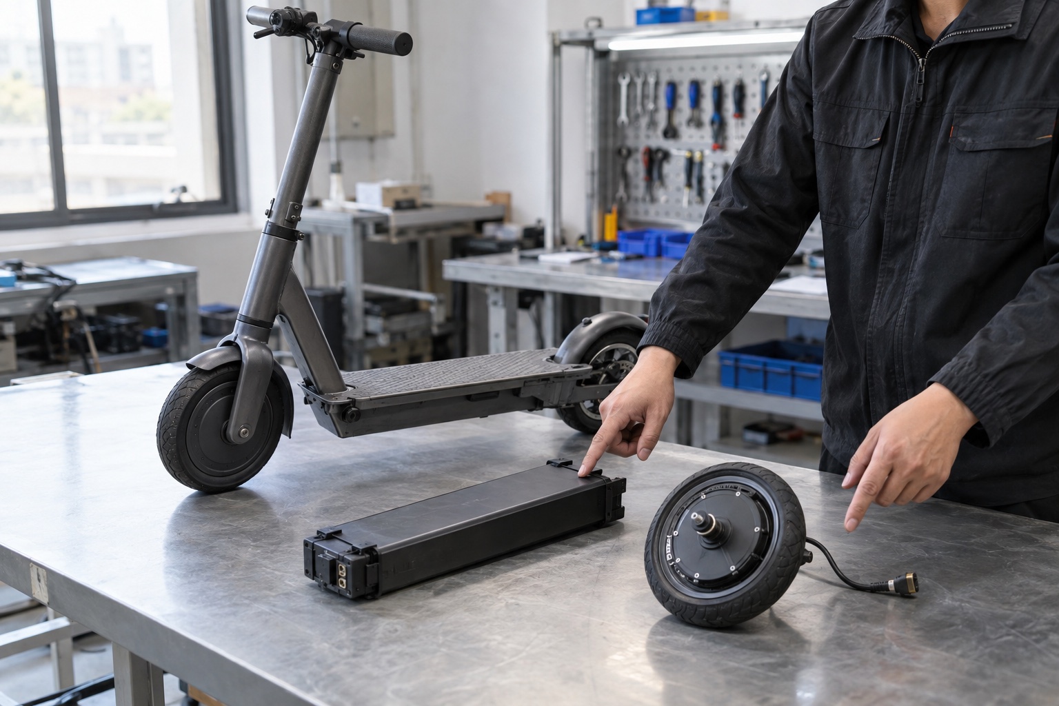 Technician comparing scooter frame, sealed battery, and wheel motor