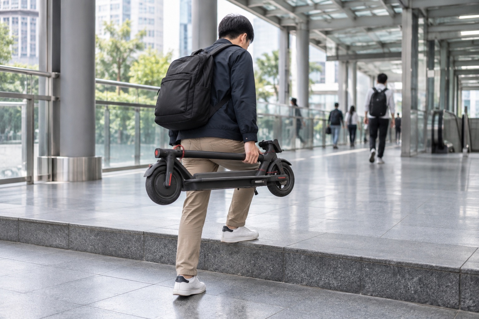 Commuter carrying a folded scooter across a station step