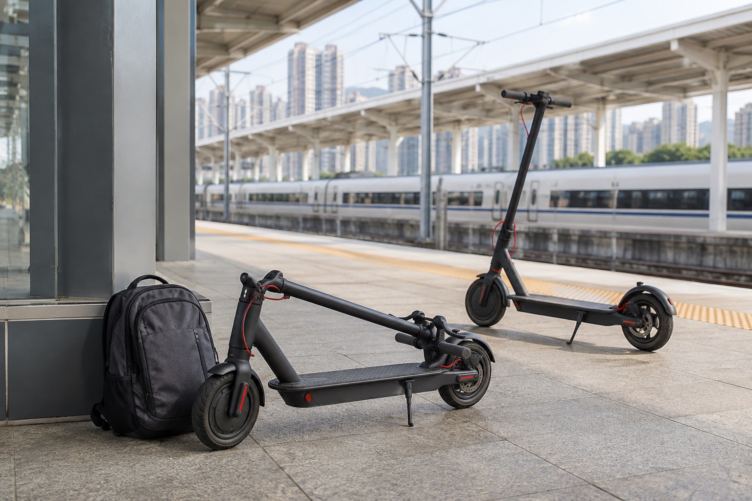 Compact and larger scooters beside a commuter backpack at a station
