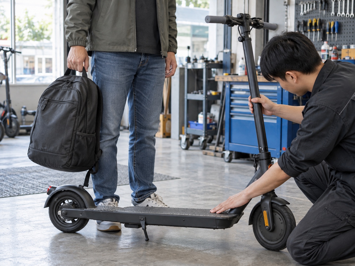 Rider, backpack, and technician beside a parked scooter