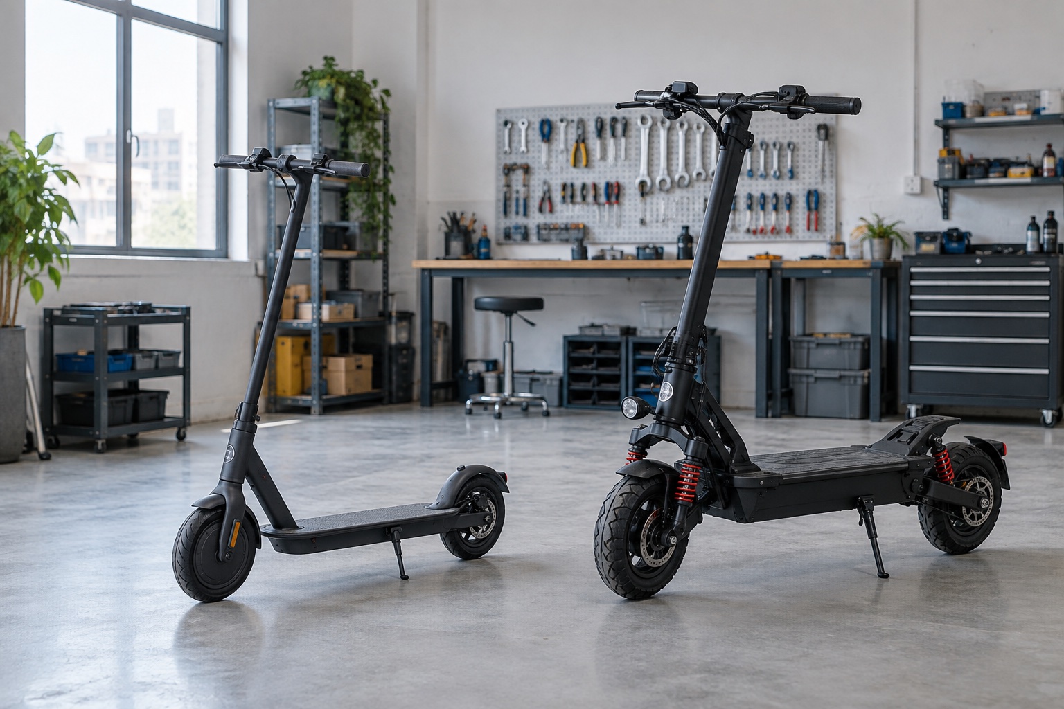 Slim commuter scooter beside a larger suspended scooter