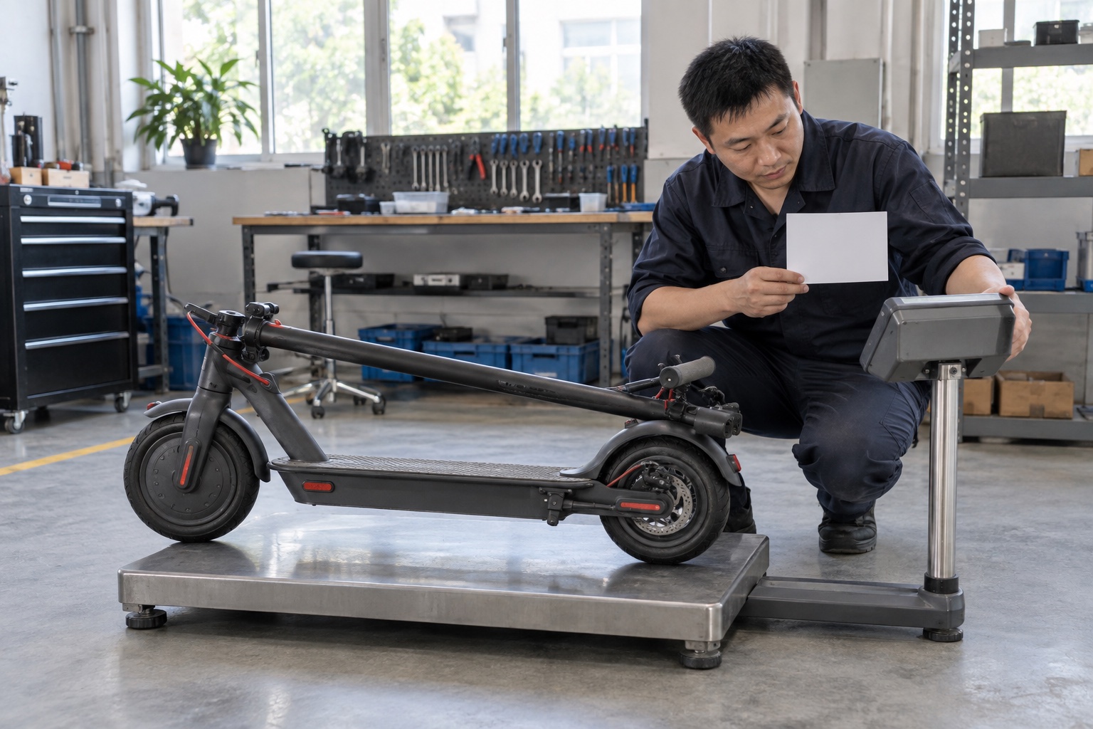 Technician verifying electric scooter weight on a scale