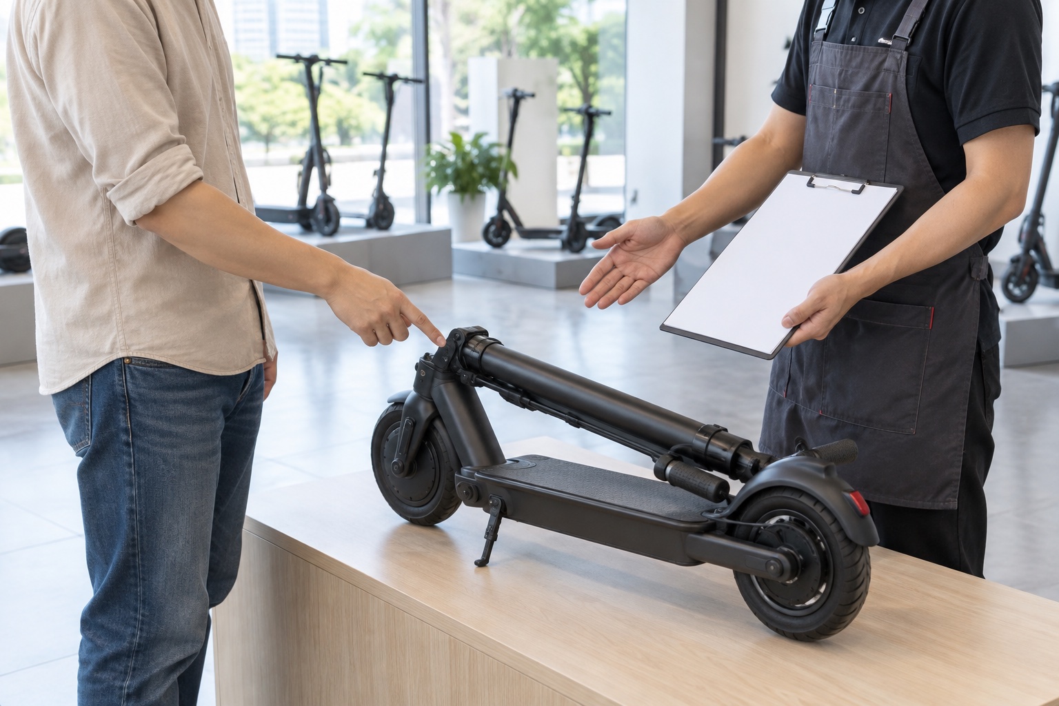 Buyer and technician checking a folded scooter at a counter