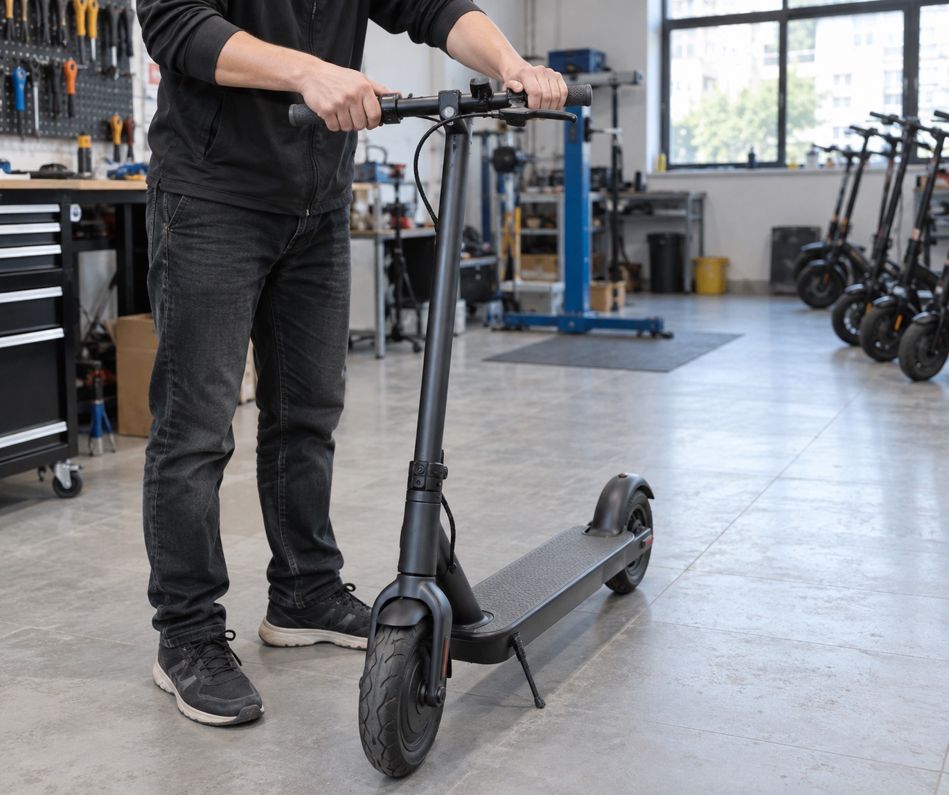 A parked scooter being checked for handlebar movement