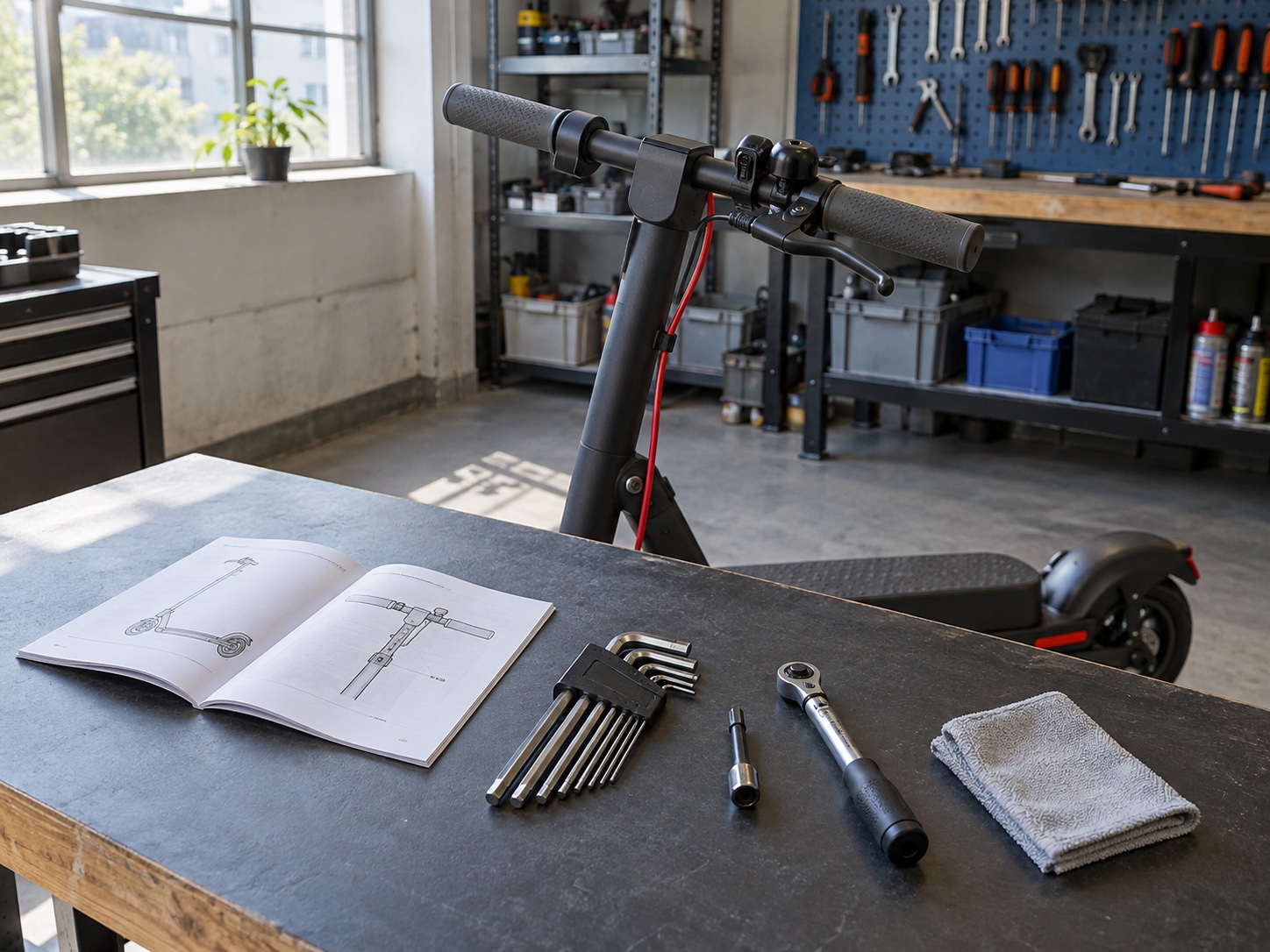 Tools for fixing loose electric scooter handlebars beside a scooter