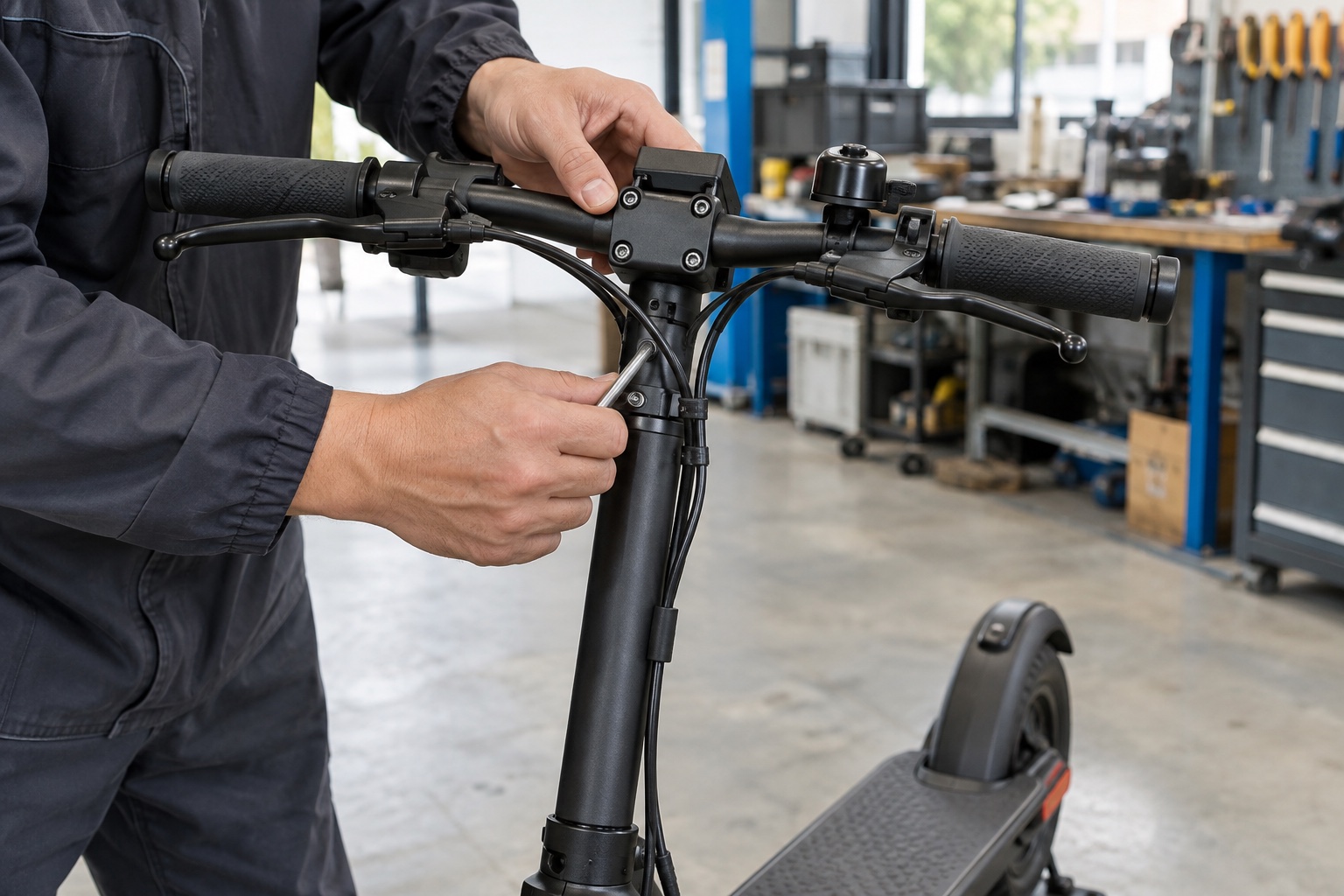 Technician inspecting a powered-off scooter handlebar clamp