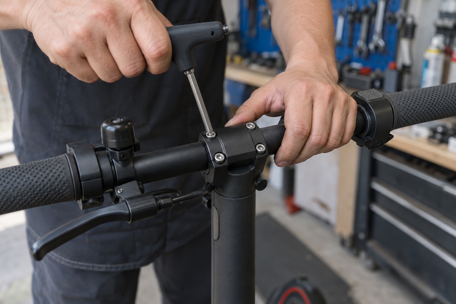 Technician tightening loose electric scooter handlebars with a hex key
