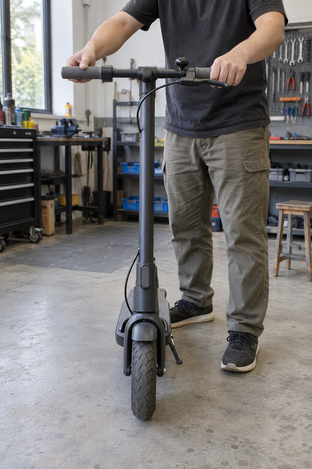 Front wheel and scooter handlebars aligned in a workshop