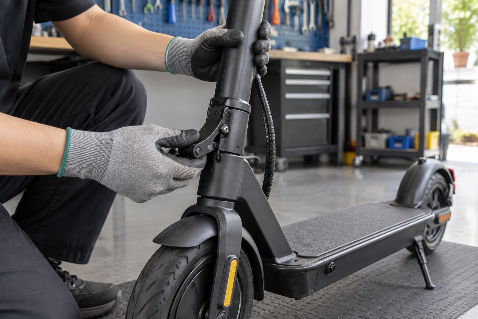 Technician examining a scooter folding latch