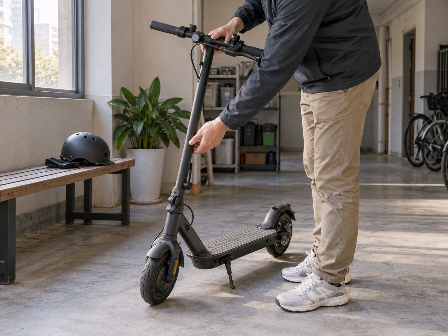 Commuter checking scooter handlebars before riding