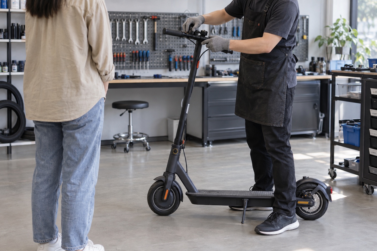 Technician examining a scooter stem at a service counter