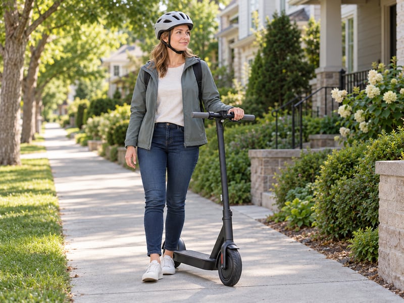 Adult wearing a helmet beside a parked electric scooter