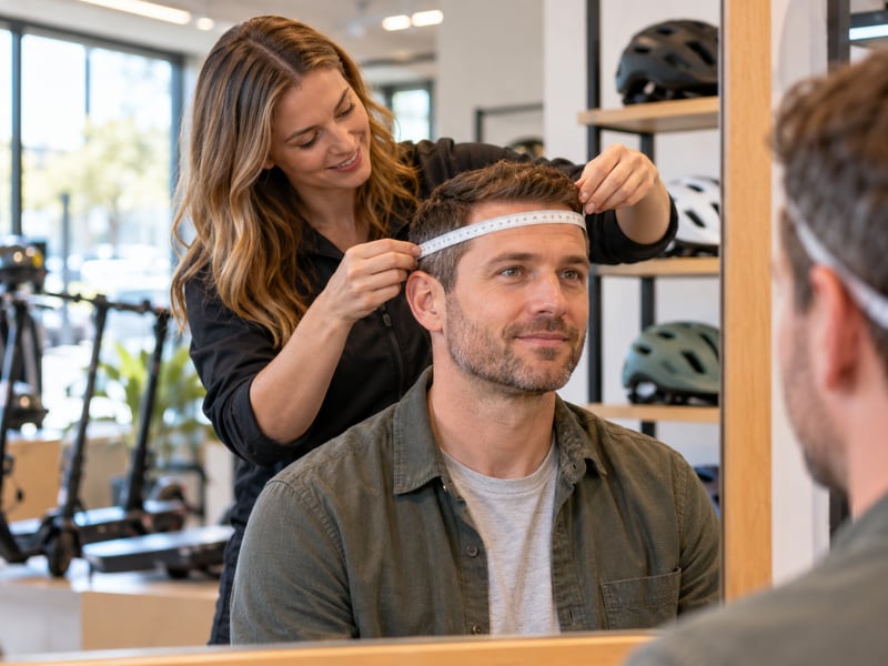 Adult having head circumference measured before trying on a helmet
